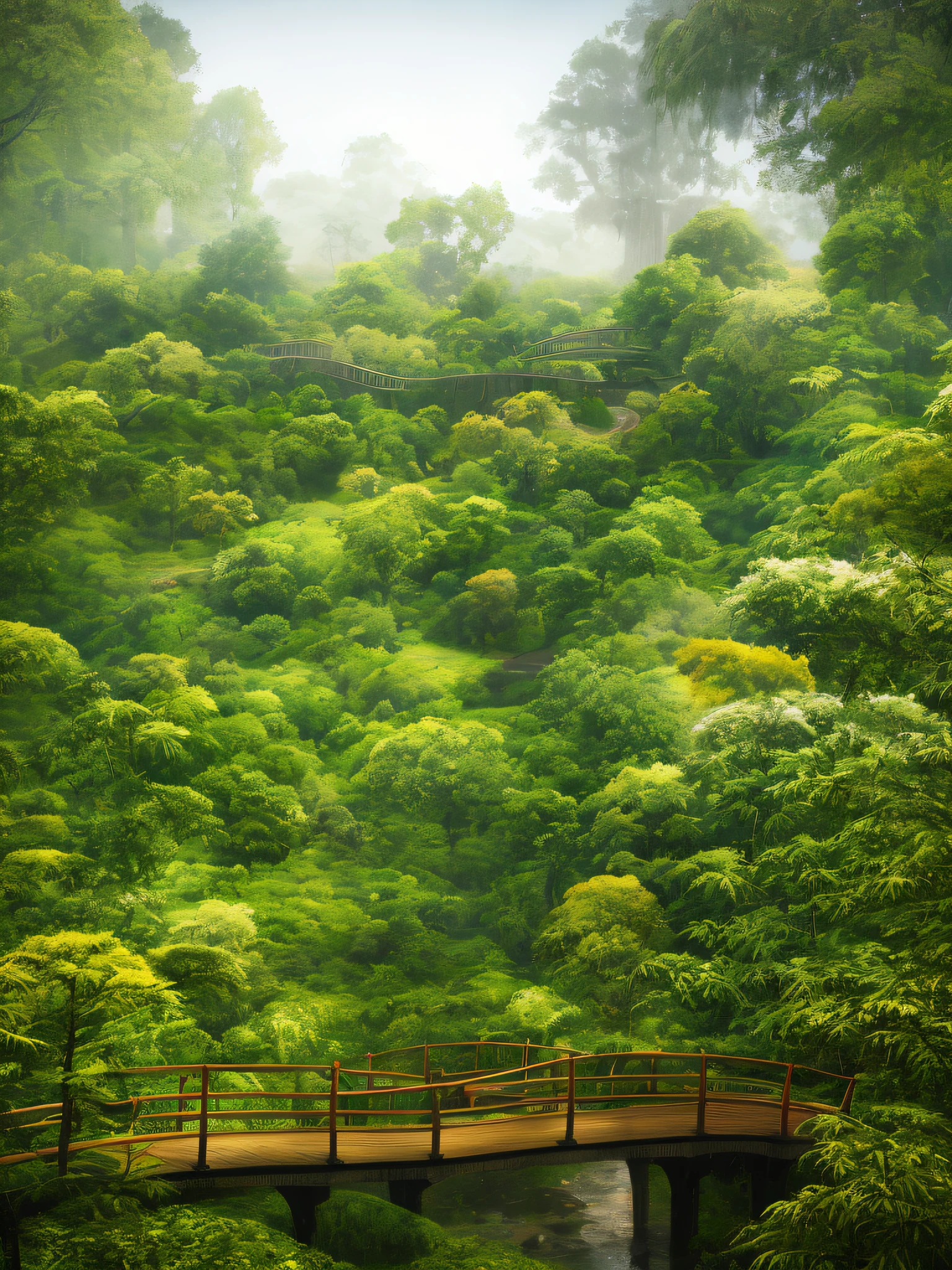 A country full of dreamy mist, a bridge and an antique garden, the bamboo forest on the side, the wet wooden bridge after the rain, looks extra relaxing, deep field, masterpiece, best quality, 3d, Realistic, High Quality Textures