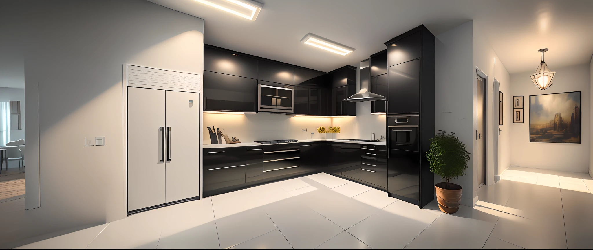 (masterpiece),(high quality), best quality, real,(realistic), super detailed, (full detail),(4k),8k ,Vintage style, design the kitchen with vintage style , Glossy ceramic tile for floor , White ceiling conbine linghting ( Downlight and spotlight) , some plan decor . The cabinet is Wallnut dark brown . Hangging cabinet in white color . Kitchen equitement standard