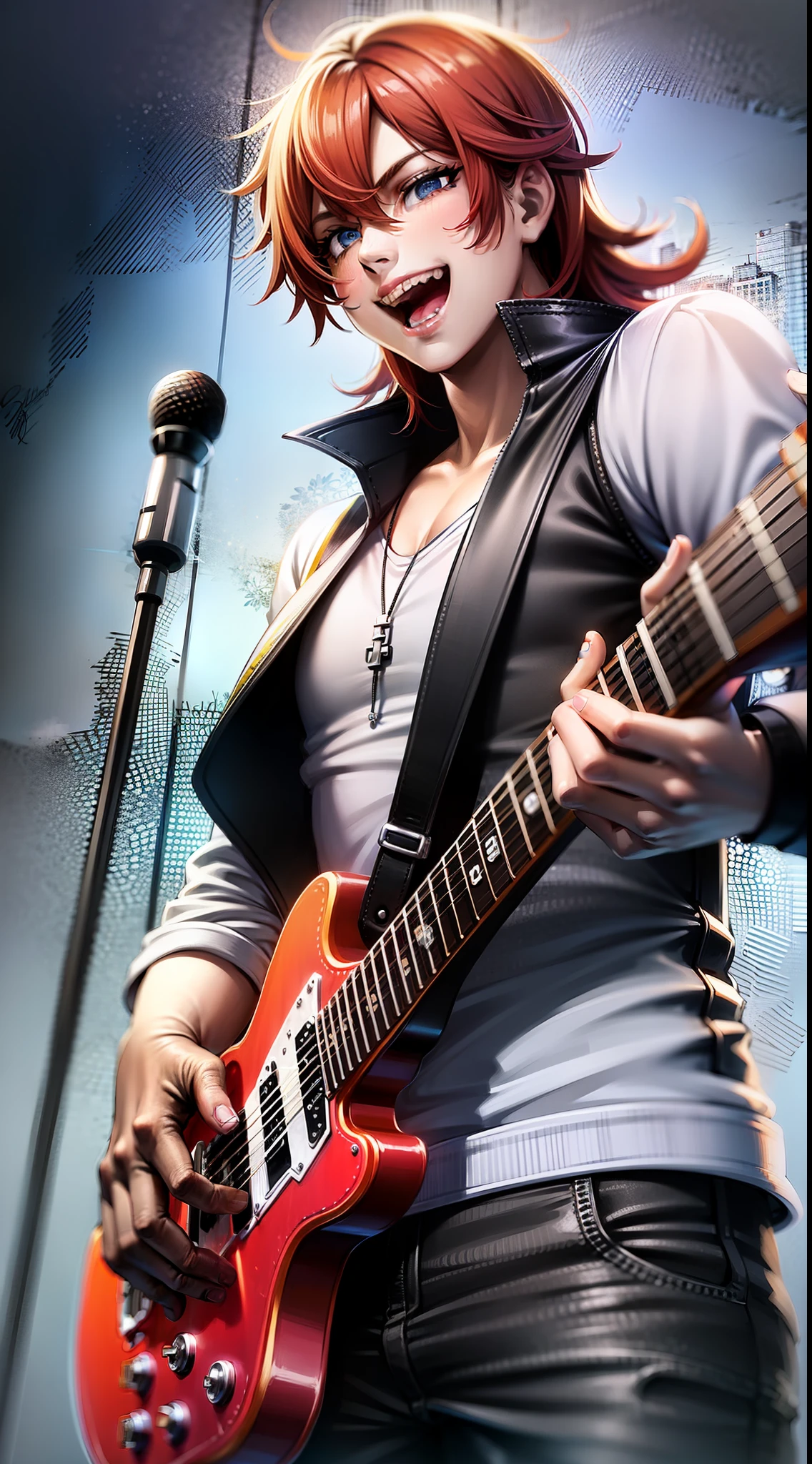 Young guy, Long red hair, blue eyes, red sleeveless leather vest, electric guitar, Cheerful smile, open mouth, Masterpiece, high qulity