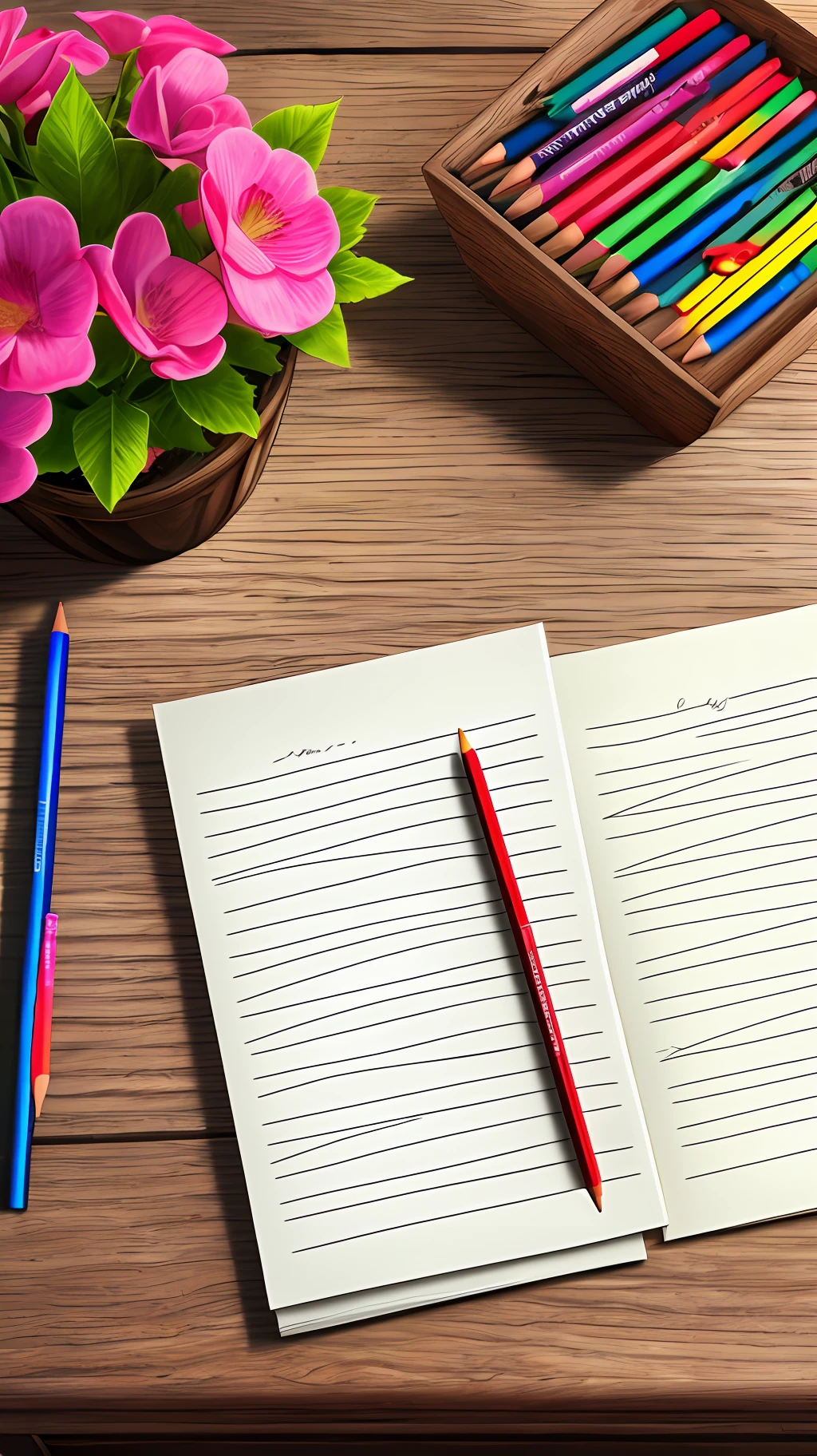 photorealistic image of colored pencils on a wooden desk and a blank sheet of paper --auto --s2