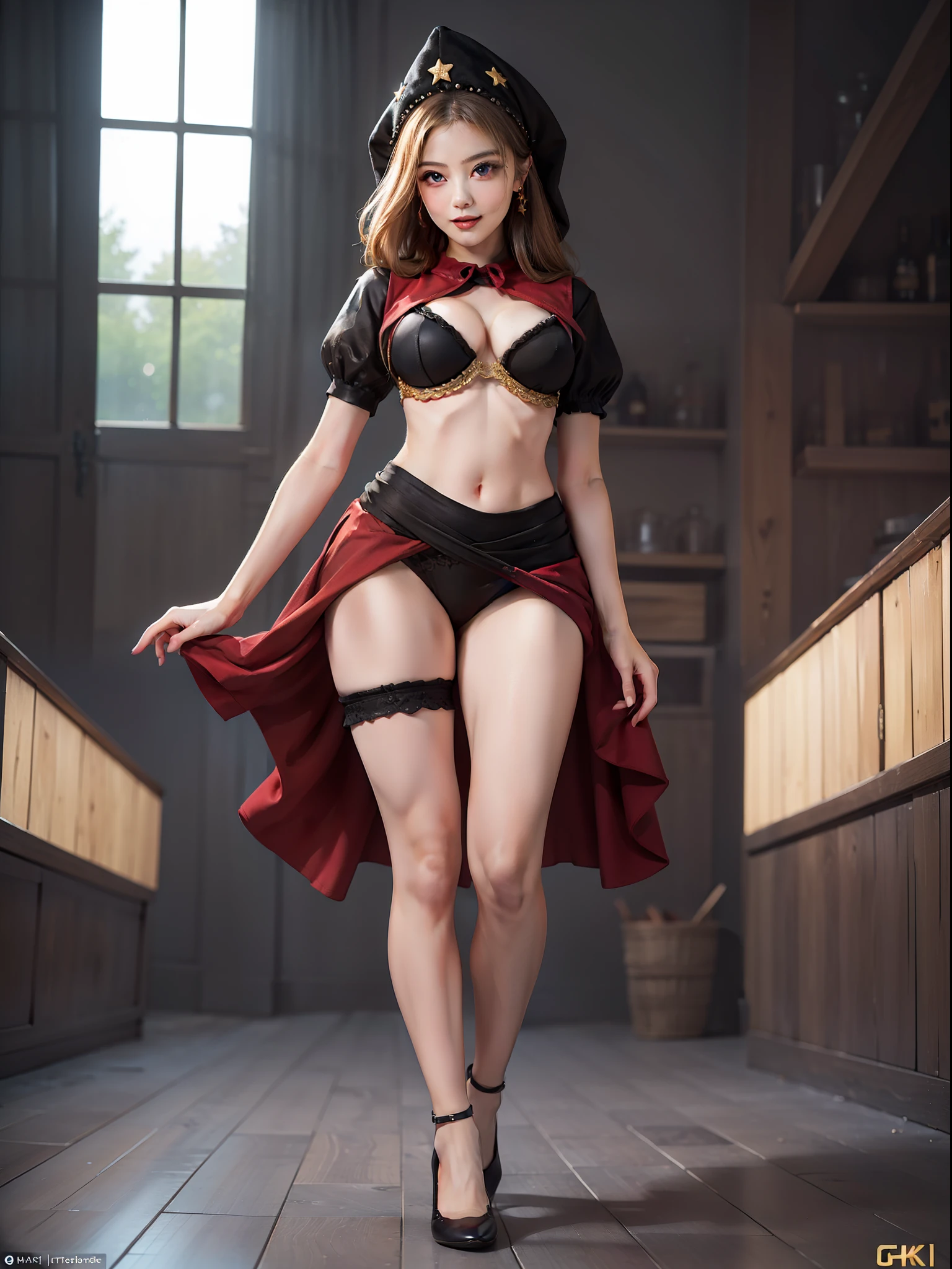 velvet, red hood, crop top, puffy sleeves, star hat headdress, long skirt, vertical-striped stockings, high heels, sexy expression, sexy eyes, medium breasts, smile, cute, (breast focus: 1.2), (natural skin texture, hyperrealism), (photorealistic:1.4), (full body:1.5), (full shot:1.2), (realism), (masterpiece:1.2), (best quality), (ultra detailed), (8k, 4k, intricate), (85mm), light particles, lighting, (highly detailed:1.2), (detailed face:1.2), (gradients), colourful, (detailed eyes:1.2), (detailed background), (dynamic angle:1.2), (dynamic pose:1.2), (Line of action:1.2), wide shot, daylight, solo.
