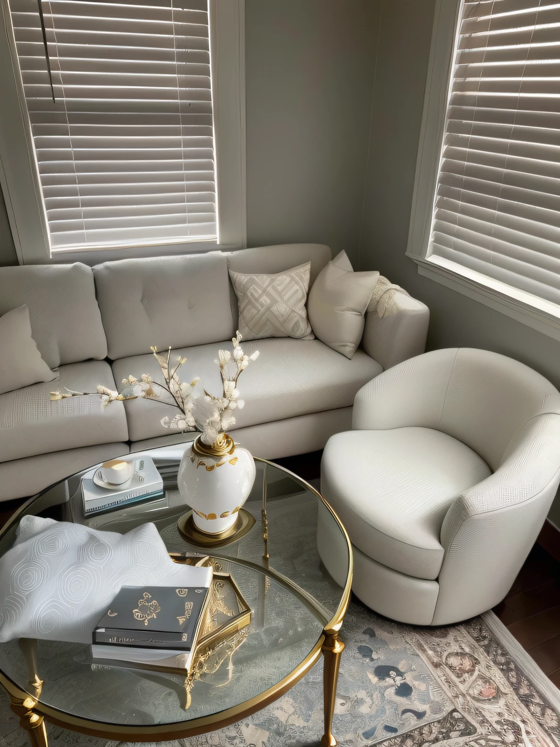 there is a couch and a chair in a living room, cream and white color scheme, sitting in a lounge, placed in a living room, Have in the living room, placed in a large living room, luxurious furniture, perfectly poised, white and gold color scheme, designed for cozy aesthetics!, comfortable chair, sofas, with backdrop of natural light, light cream and white colors
