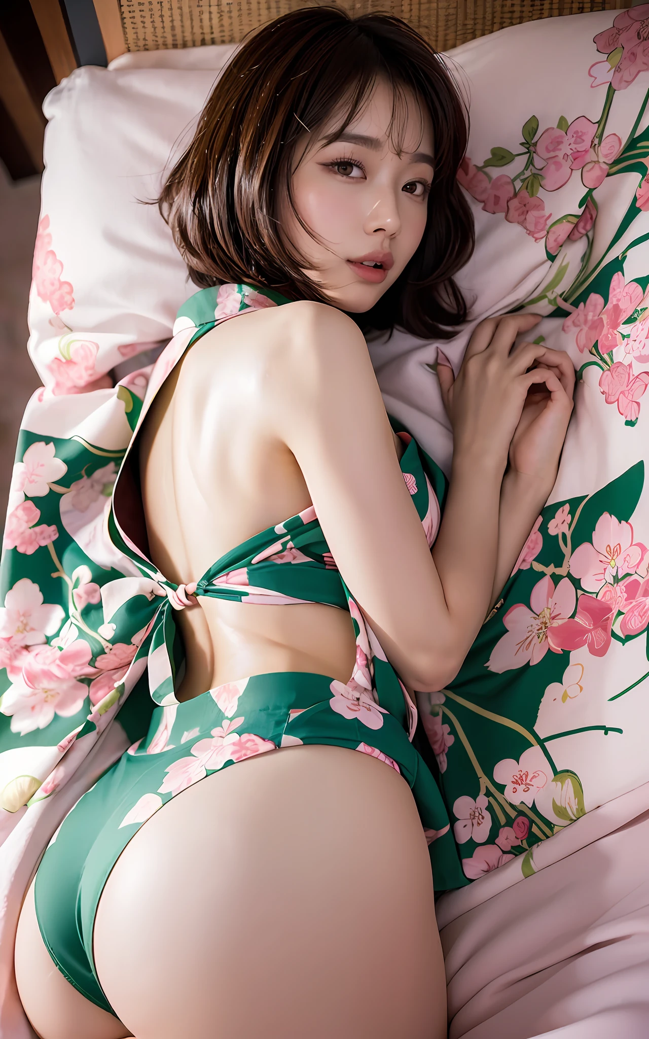 (Photorealistic: 1.2, With the highest quality, 8K, ), ( 20 yrs, K-pop Idol、 Cherry blossom pattern kimono, Sweat: 1.2, Big :1.3, bob cuts, body builder:1.3), Fine skin, (Film Lighting), lying down on bed, Soft light, Double eyelids, ((excited))