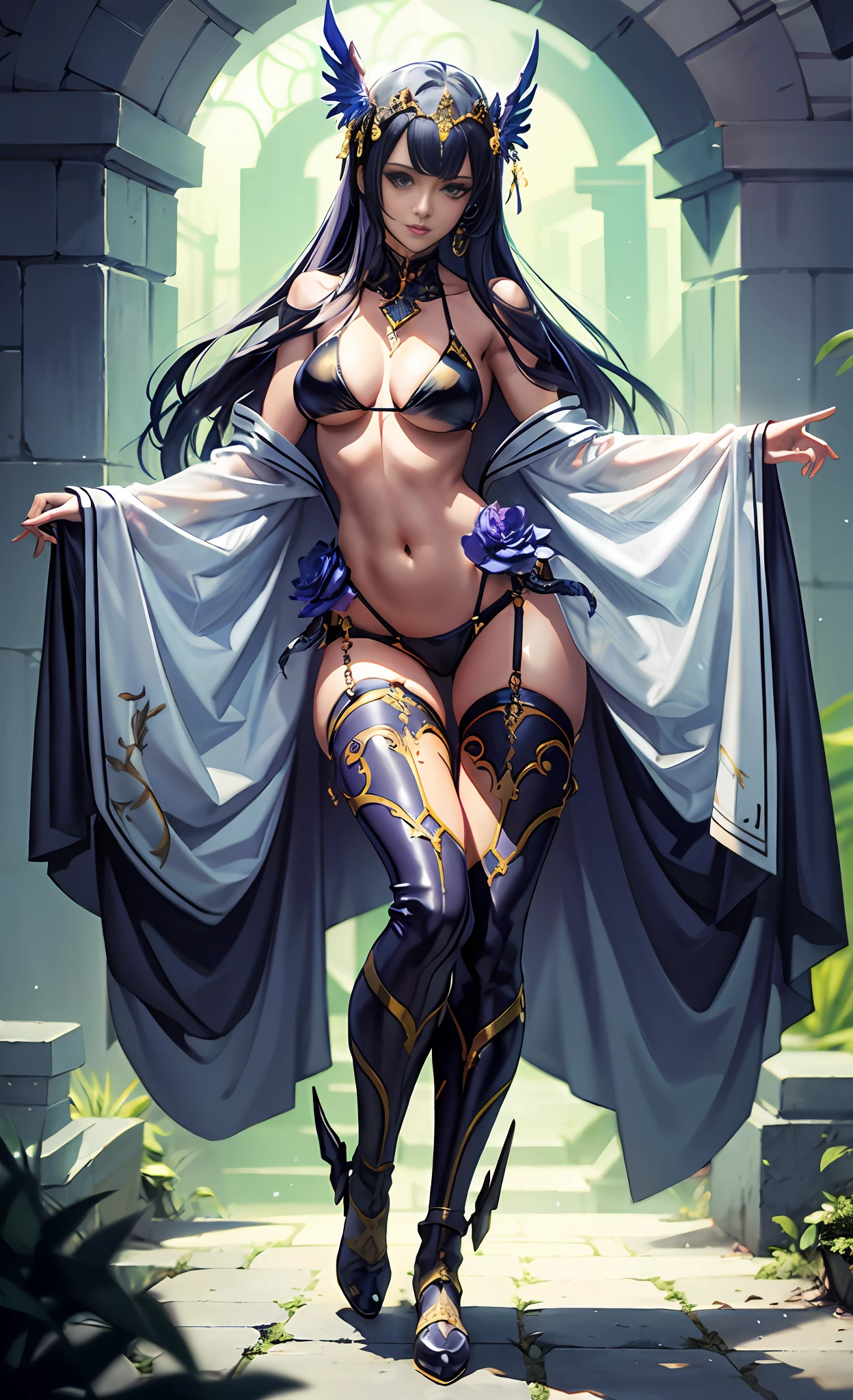 Top anime art- mature women in sexy bikinis，fully body pose，Long hair and white cape，goddesses，Full body like，Sexy all over，Extremely sexy，Extremely high detail throughout the body，Super detailed fantasy characters， CGI anime fantasy artwork，Master Anime Character Art 8 K，Beautiful anime drawing，（（Beautiful fantasy queen）），Beautiful and elegant Terran goddess，Extremely detailed artistic germ，Fantasy art style