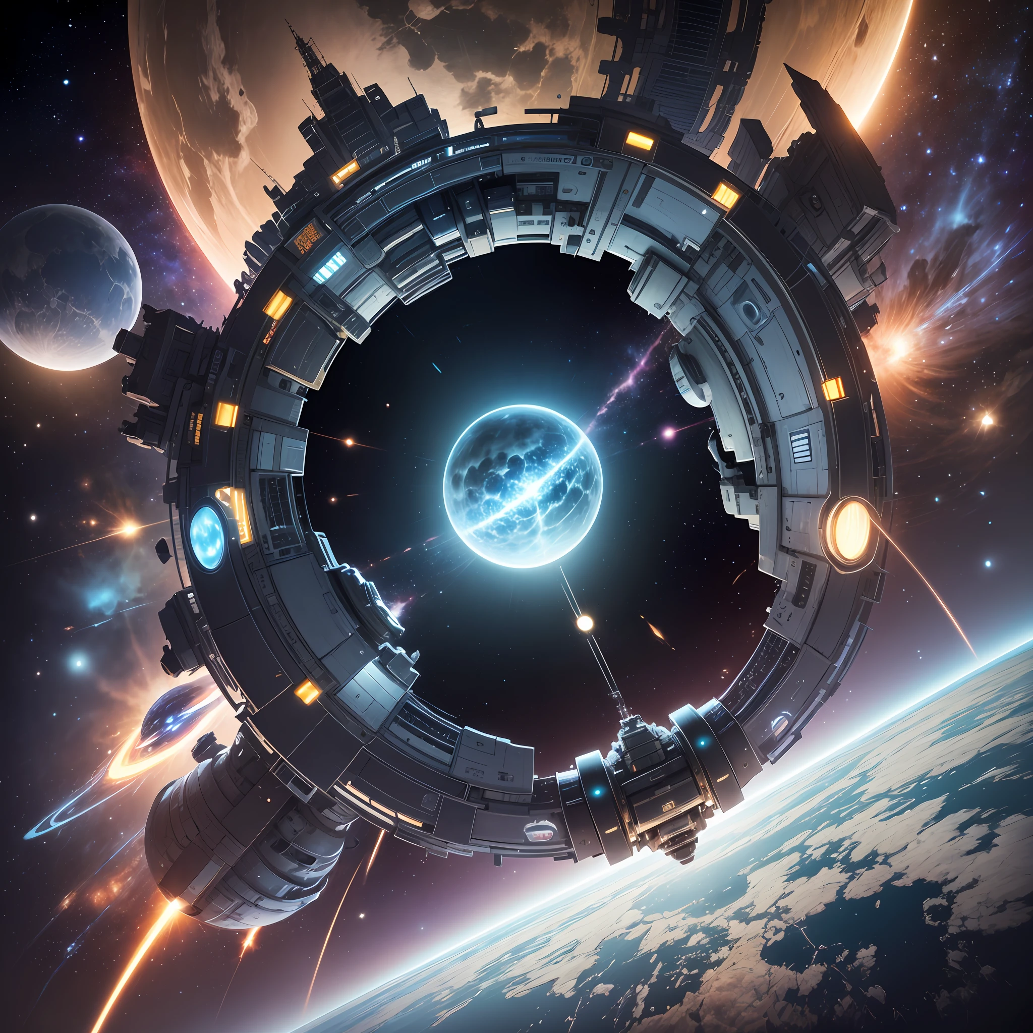 Space battleship、sci-fi movie、A futuristic world、Science fiction universe space、Bank Starfield、Saturn ring、Tech shines、Light energy magnetic levitation、Quantum collision、Time travel、ultra high def、hyper-detailing,Deep view、Lagrange --auto --s2