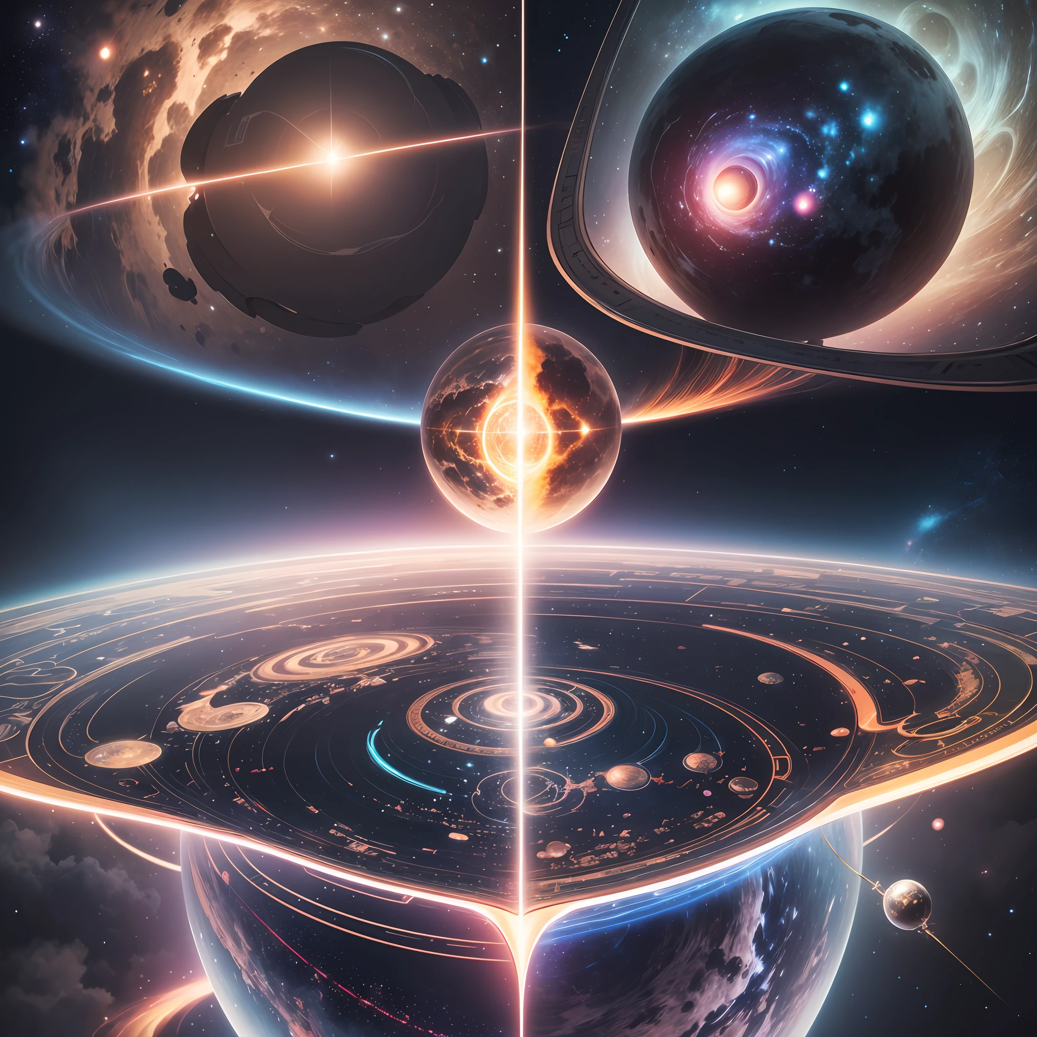 Space battleship、sci-fi movie、A futuristic world、Science fiction universe space、Bank Starfield、Saturn ring、Tech shines、Light energy magnetic levitation、Quantum collision、Time travel、ultra high def、hyper-detailing,Deep view、Lagrange --auto --s2
