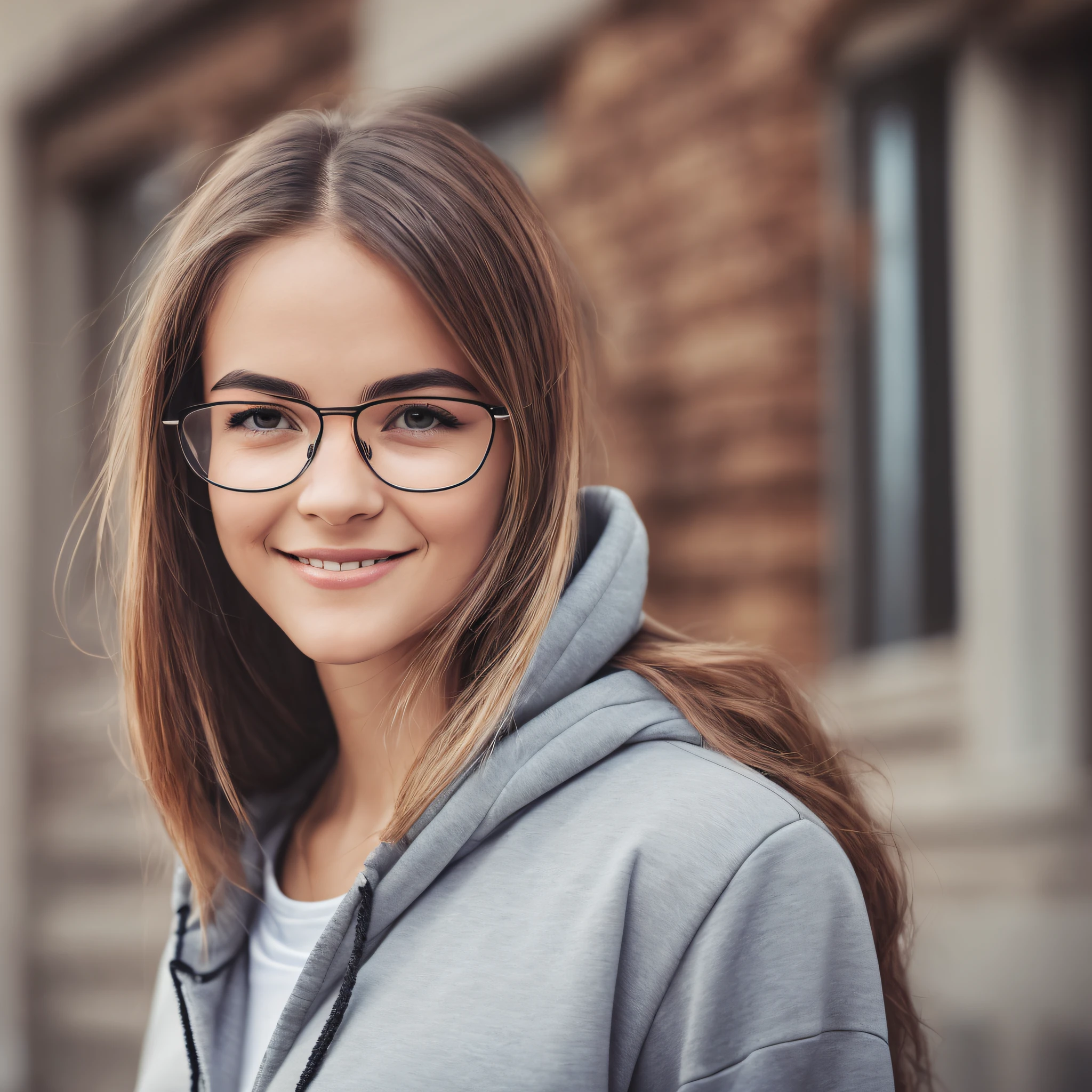 there is a woman wearing glasses and a hoodie standing in front of a building, girl wearing hoodie, Girl in aviator glasses, Girl with glasses, Surreal mature beauty, high quality portrait, Wear pilot glasses, realistic portrait photo, photo of the girl, Wears thin, large glasses, Wear pilot glasses,, Close up smile portrait photo, close - up portrait shot --auto