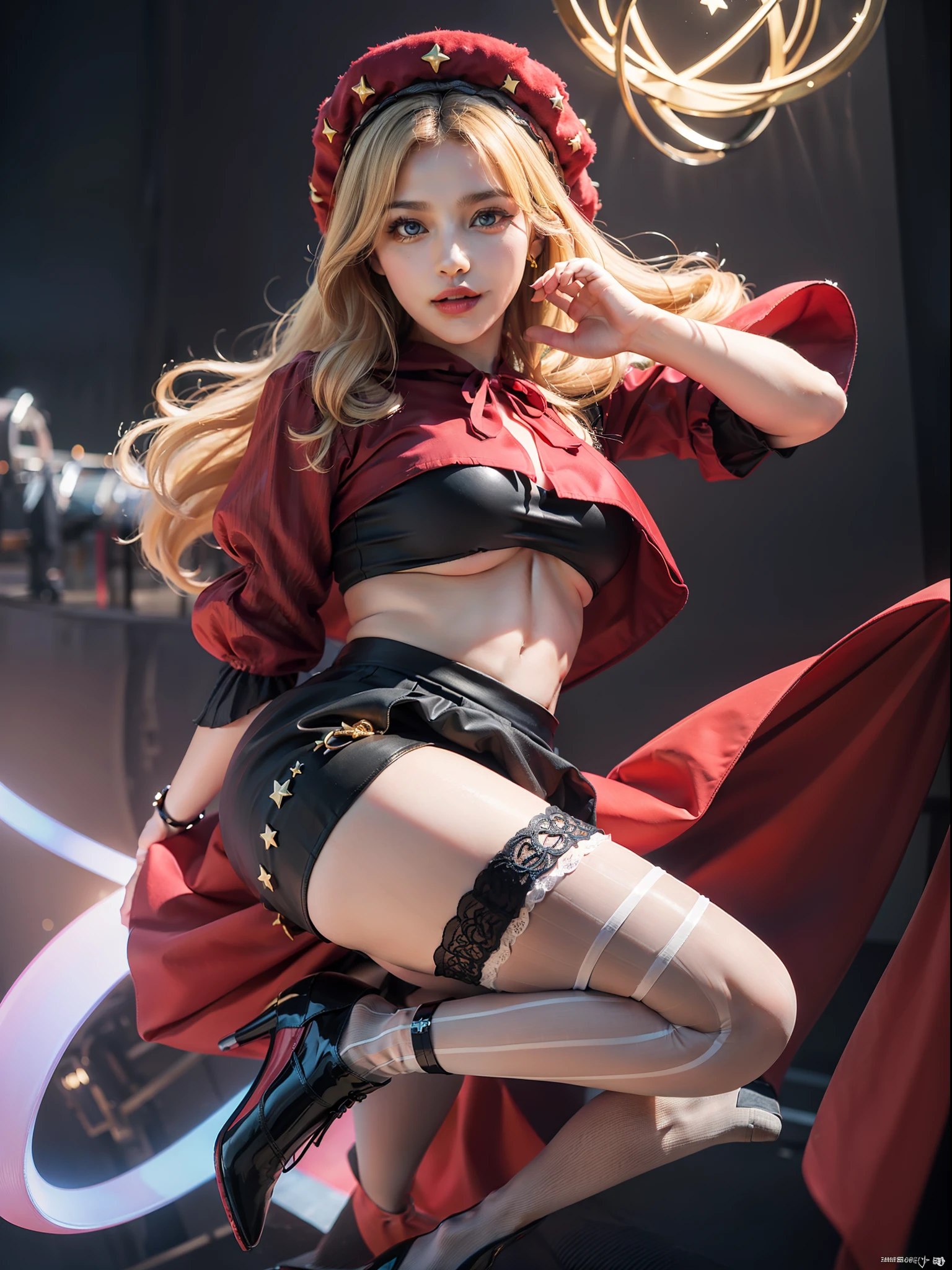 velvet, (red hood, crop top, puffy sleeves, star hat headdress, long skirt, vertical-striped stockings, high heels:1.5), (blonde:1.2), sexy expression, sexy eyes, medium breasts, smile, cute, (breast focus: 1.2), (natural skin texture, hyperrealism), (photorealistic:1.4), (full body:1.5), (full shot:1.2), (realism), (masterpiece:1.2), (best quality), (ultra detailed), (8k, 4k, intricate), (85mm), light particles, lighting, (highly detailed:1.2), (detailed face:1.2), (gradients), colourful, (detailed eyes:1.2), (detailed background), (dynamic angle:1.2), (dynamic pose:1.2), (Line of action:1.2), wide shot, daylight, solo.