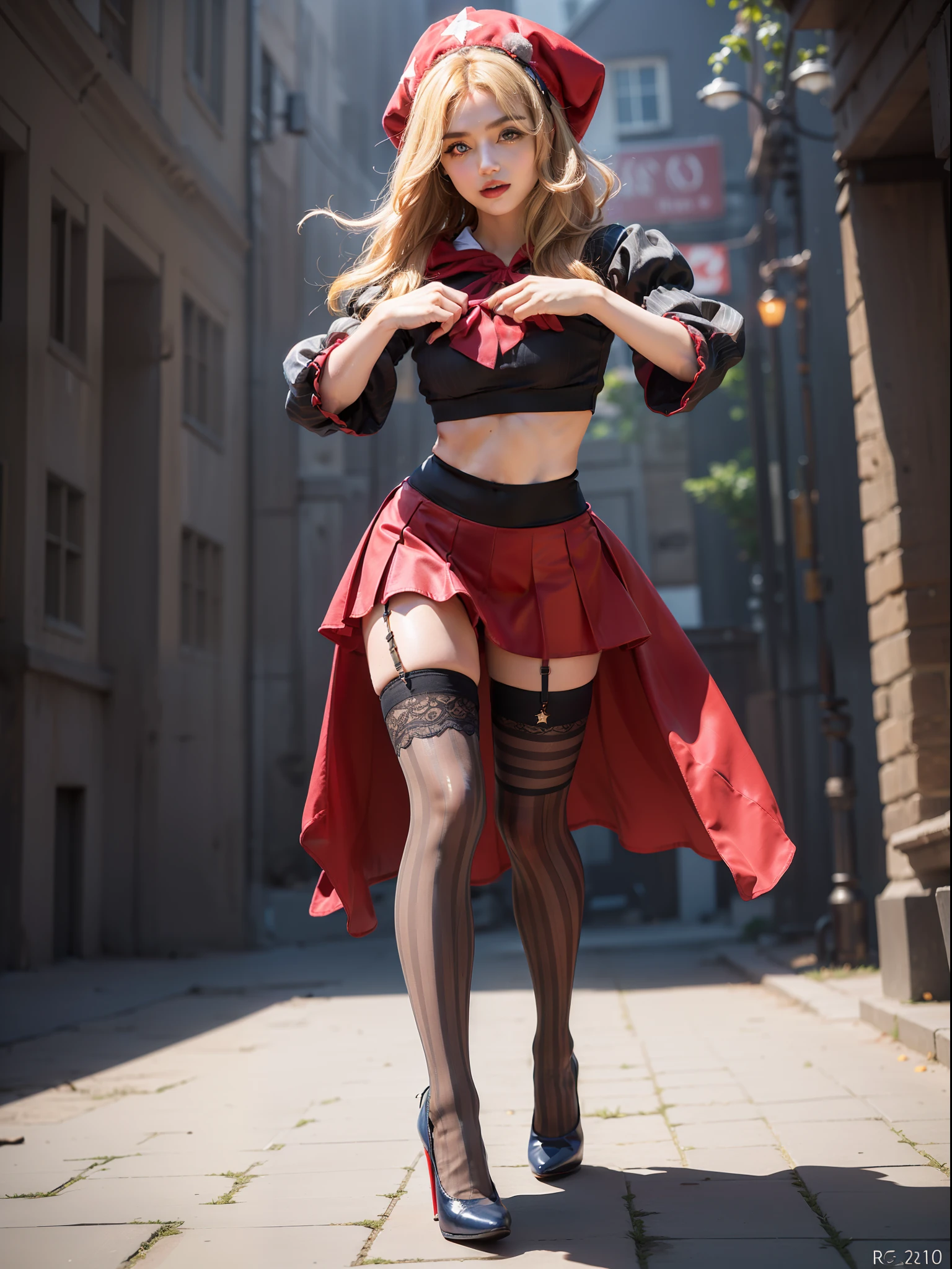 velvet, (red hood, crop top, puffy sleeves, star hat headdress, long skirt, vertical-striped stockings, high heels:1.5), (blonde:1.2), sexy expression, sexy eyes, medium breasts, smile, cute, (breast focus: 1.2), (natural skin texture, hyperrealism), (photorealistic:1.4), (full body:1.5), (full shot:1.2), (realism), (masterpiece:1.2), (best quality), (ultra detailed), (8k, 4k, intricate), (85mm), light particles, lighting, (highly detailed:1.2), (detailed face:1.2), (gradients), colourful, (detailed eyes:1.2), (detailed background), (dynamic angle:1.2), (dynamic pose:1.2), (Line of action:1.2), wide shot, daylight, solo.