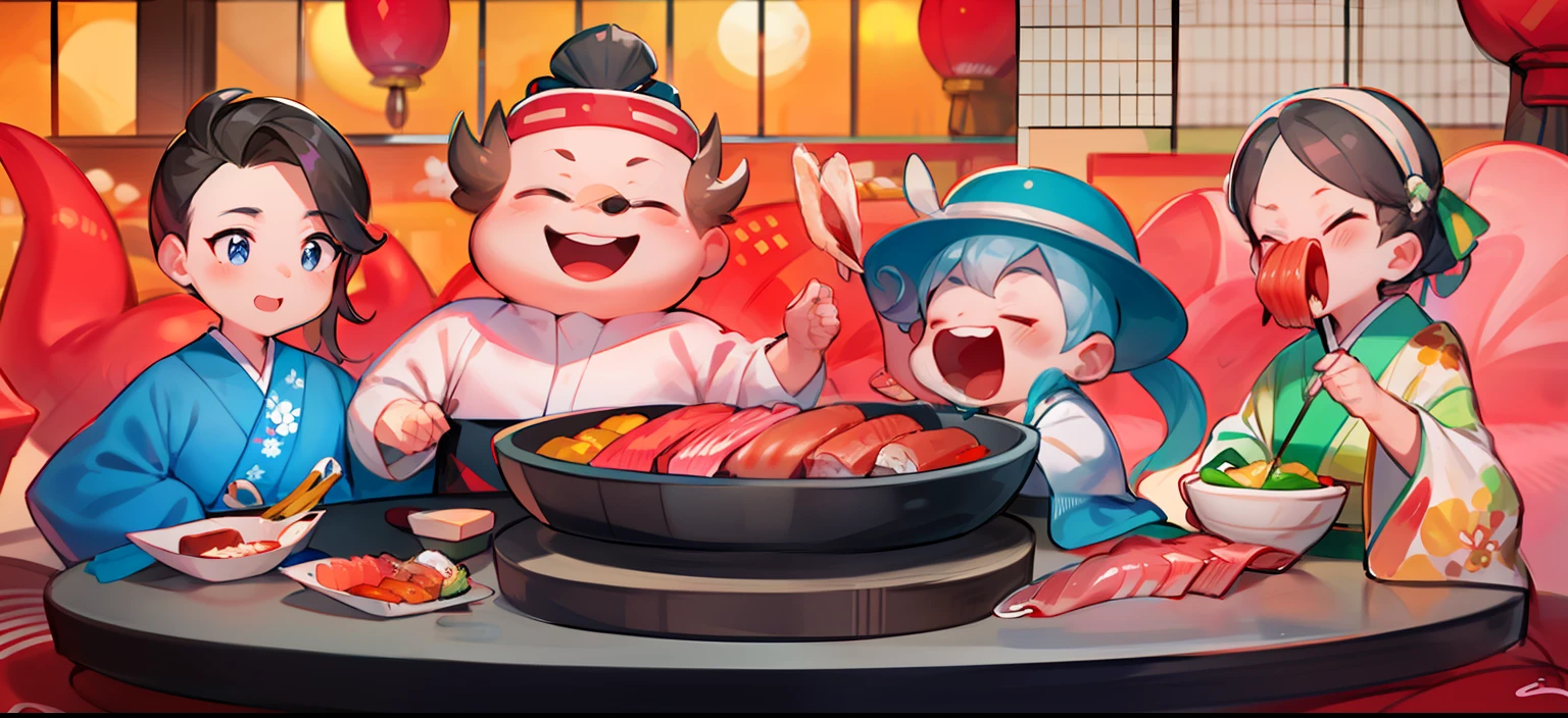 Close-up of a statue of a family eating sushi, Japanese cartoon style, sushi,sashimi,