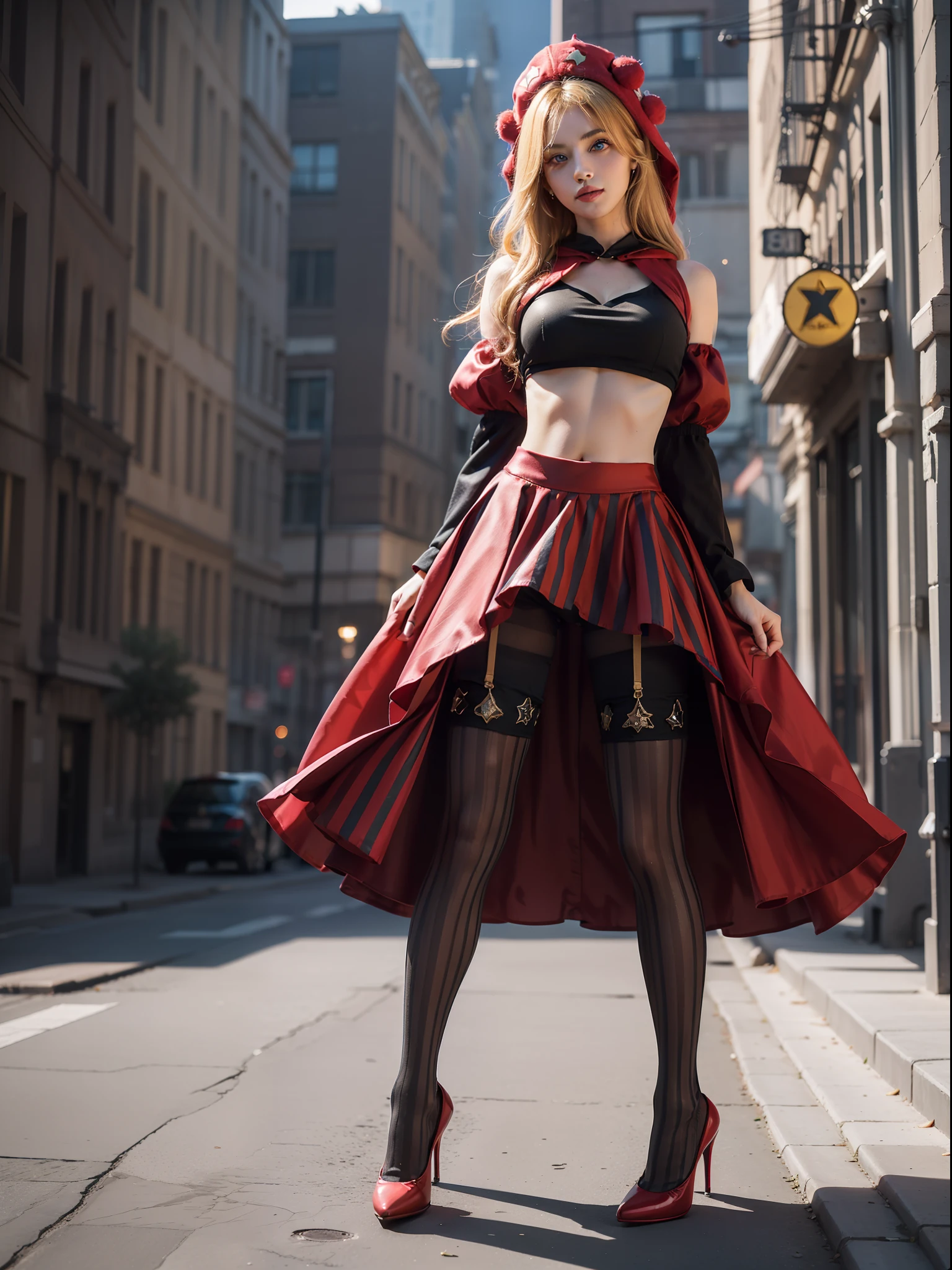 velvet, (red hood, crop top, puffy sleeves, star hat headdress, long skirt, vertical-striped stockings, high heels:1.5), (blonde:1.2), sexy expression, sexy eyes, medium breasts, smile, cute, (breast focus: 1.2), (natural skin texture, hyperrealism), (photorealistic:1.4), (full body:1.5), (full shot:1.2), (realism), (masterpiece:1.2), (best quality), (ultra detailed), (8k, 4k, intricate), (85mm), light particles, lighting, (highly detailed:1.2), (detailed face:1.2), (gradients), colourful, (detailed eyes:1.2), (detailed background), (dynamic angle:1.2), (dynamic pose:1.2), (Line of action:1.2), wide shot, daylight, solo.