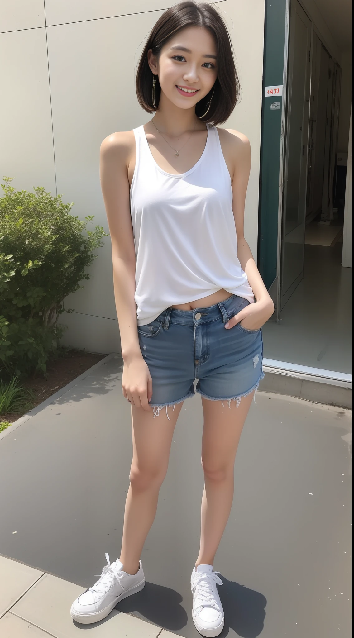 ((beste-Qualit、巨作:1.3))、1Women、18 years-old、college student、sharp foc:1.2、A beautiful woman with perfect body:1.4、Detailed and very beautiful face、Sports Tank Top、short-hair、Wet Body:1.1、body complet、Denim Short、sneakers、Above the knee、The chest is bigger