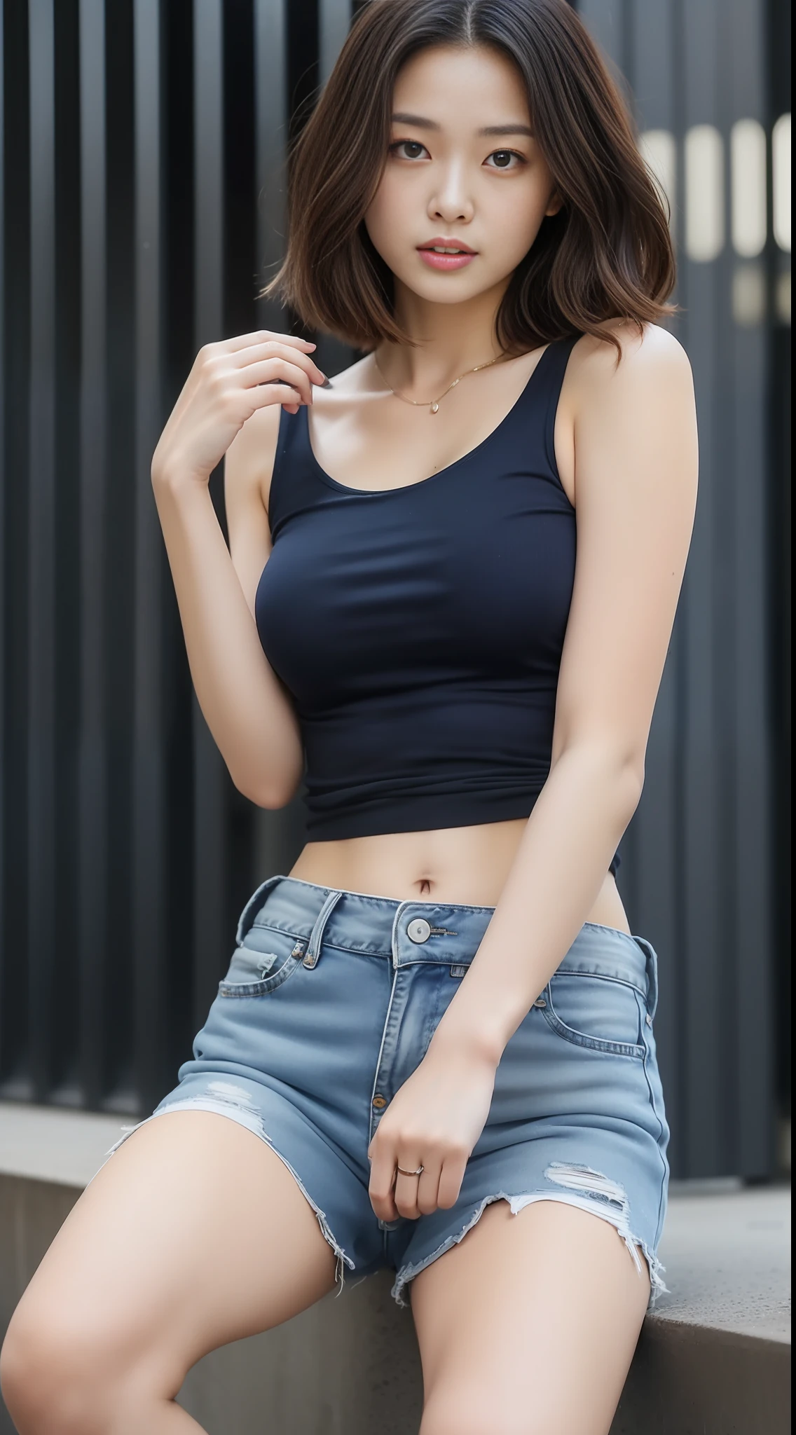 ((beste-Qualit、巨作:1.3))、1Women、18 years-old、college student、sharp foc:1.2、A beautiful woman with perfect body:1.4、Detailed and very beautiful face、Sports Tank Top、short-hair、Wet Body:1.1、body complet、Denim Short、sneakers、Above the knee、The chest is bigger