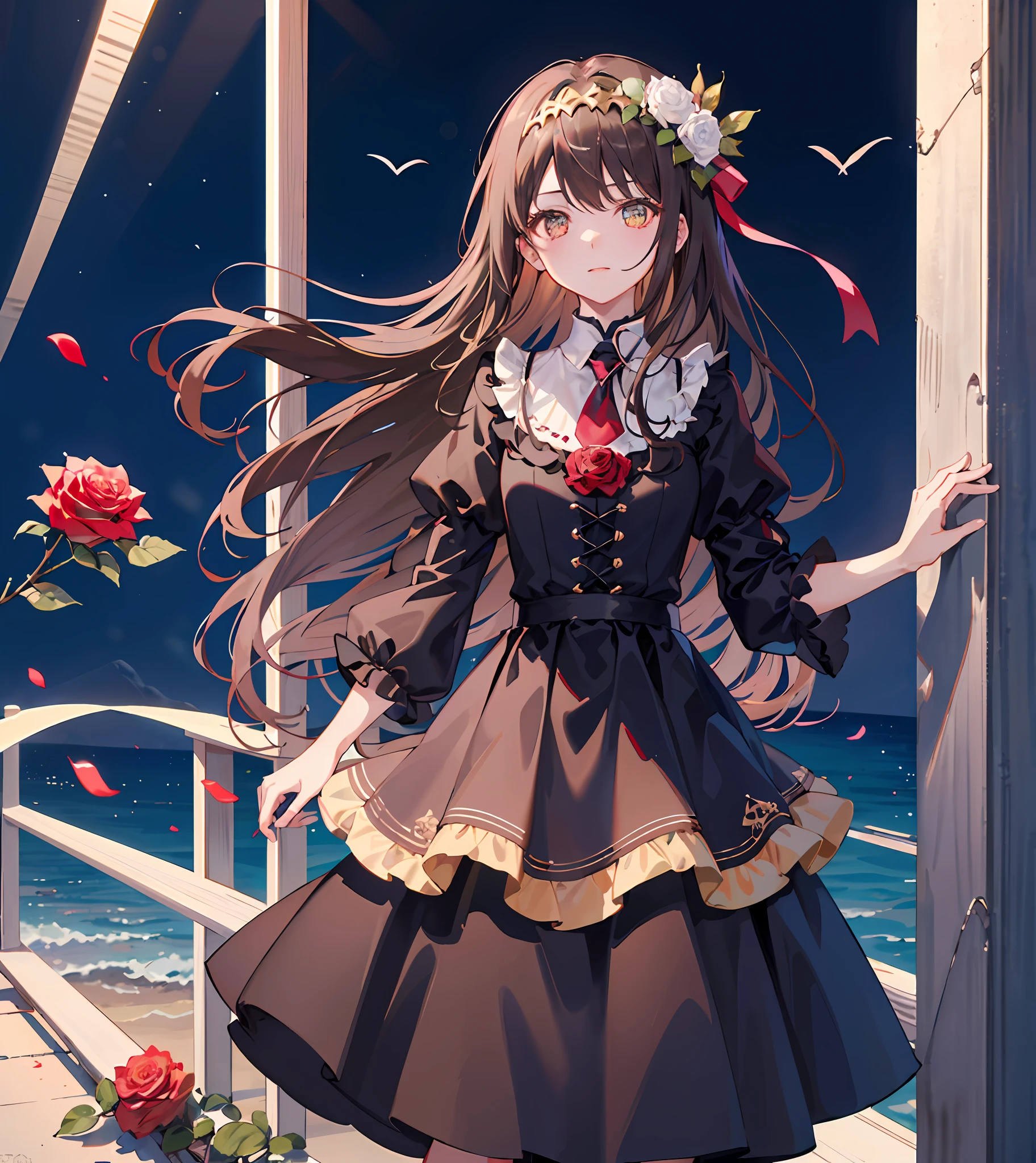 Masterpiece quality,The best quality assurance。A brown hair、Cute girl with golden eyes。She looks very arrogant,Wearing a short Gothic skirt,Exudes magic,With a rose headdress,English-style top,Long hair flutters in the wind,Playful and cute