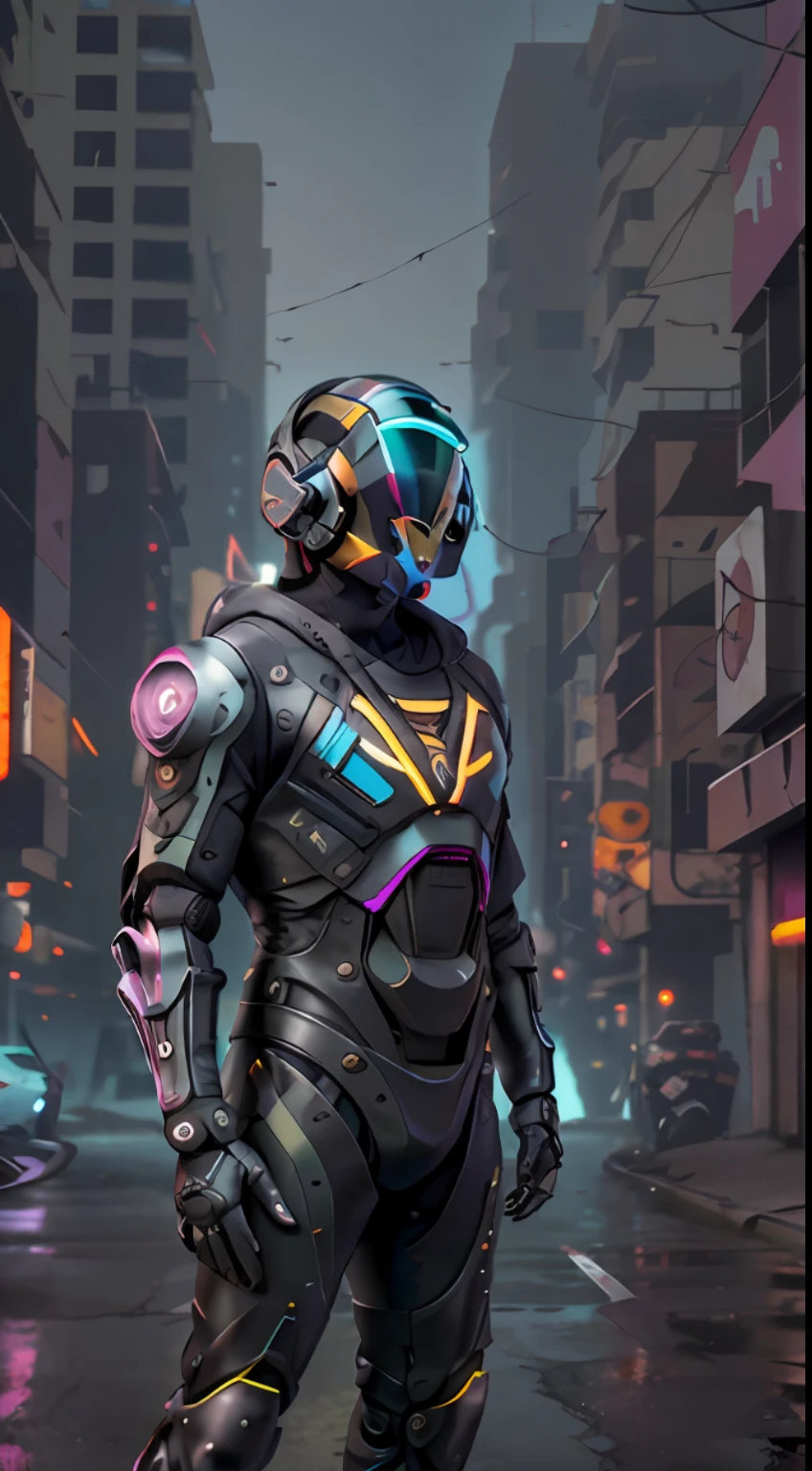 ((obra maestra, plano de cuerpo completo, Intricate raw photography))Cyberpunk, realista, render 3D complejo ultra detallado, mejor calidad, obra maestra, ultra-high-resolution, foto de vaquero, (fotorrealista: 1.4), foto en bruto, arte oficial, (primer plano, ), fondo complejo, absurdos, vago, atmospheric, malvado, tanque, Dynamic Angle, cibercasco tecnologia avanzada, mecha, robot, armadura, ((mechanical arms, exo-suit Science-Fiction, no hay humanos, ropa asimetrica desgastada,)) ((tactical Oversized black hoodie, casco negroavabzado, HUD, estilo moderno ultra realista, cibercasco estilo daftpunk)), Black tactical gloves, pantalones tacticos cargo negros tipo techwear cargo, ropa futurista, mohawk, punk, rebel, punk-rock, cinematic. sci-fi scene, synthwave,night, dark, intrincado, FUTURISTICA, nitido, enfoque preciso, Postura agresiva, armas de alta tecnologia, colores vividos, serio, ciudad cyberpunk, street neon lights, foto insta, Photo of the Year, cinema4d, dramatic, luces y sombras, Efectos visuales realistas (( renderizado octanaje realista)), imagen photo realista de la mejor calidad,