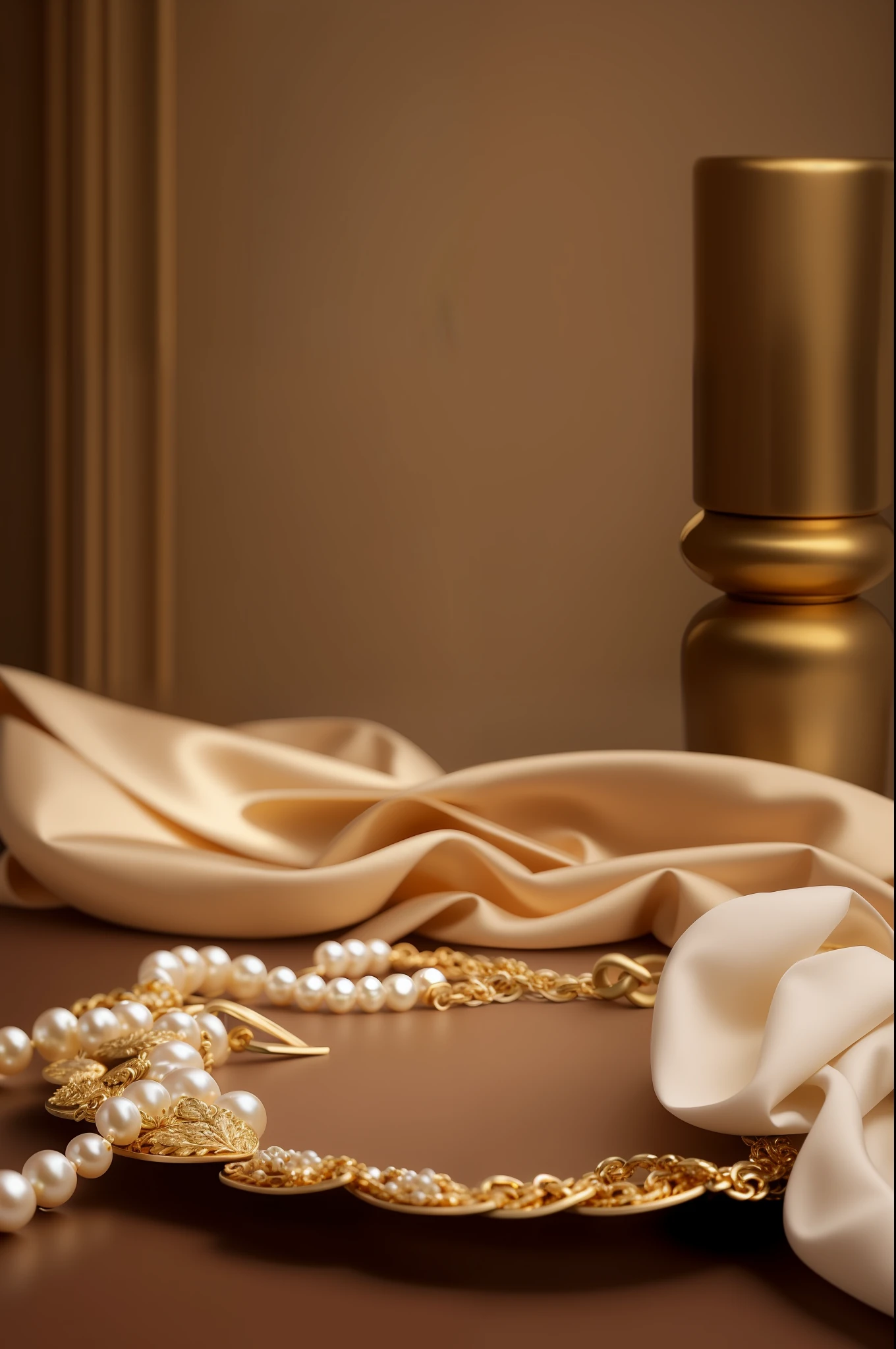 there is a gold plate with pearls and a pearl necklace,Cotton accents, gold and pearls, pearls and gold chains, gold and luxury materials, luxurious ornate golden jewelry, atmospheric beautiful details, draped in silky gold, beige and gold tones, inspired by Alexandre Cabanel, Gold accessories, pearls and chains, baroque objects, gold and pearl necklaces, golden detailing