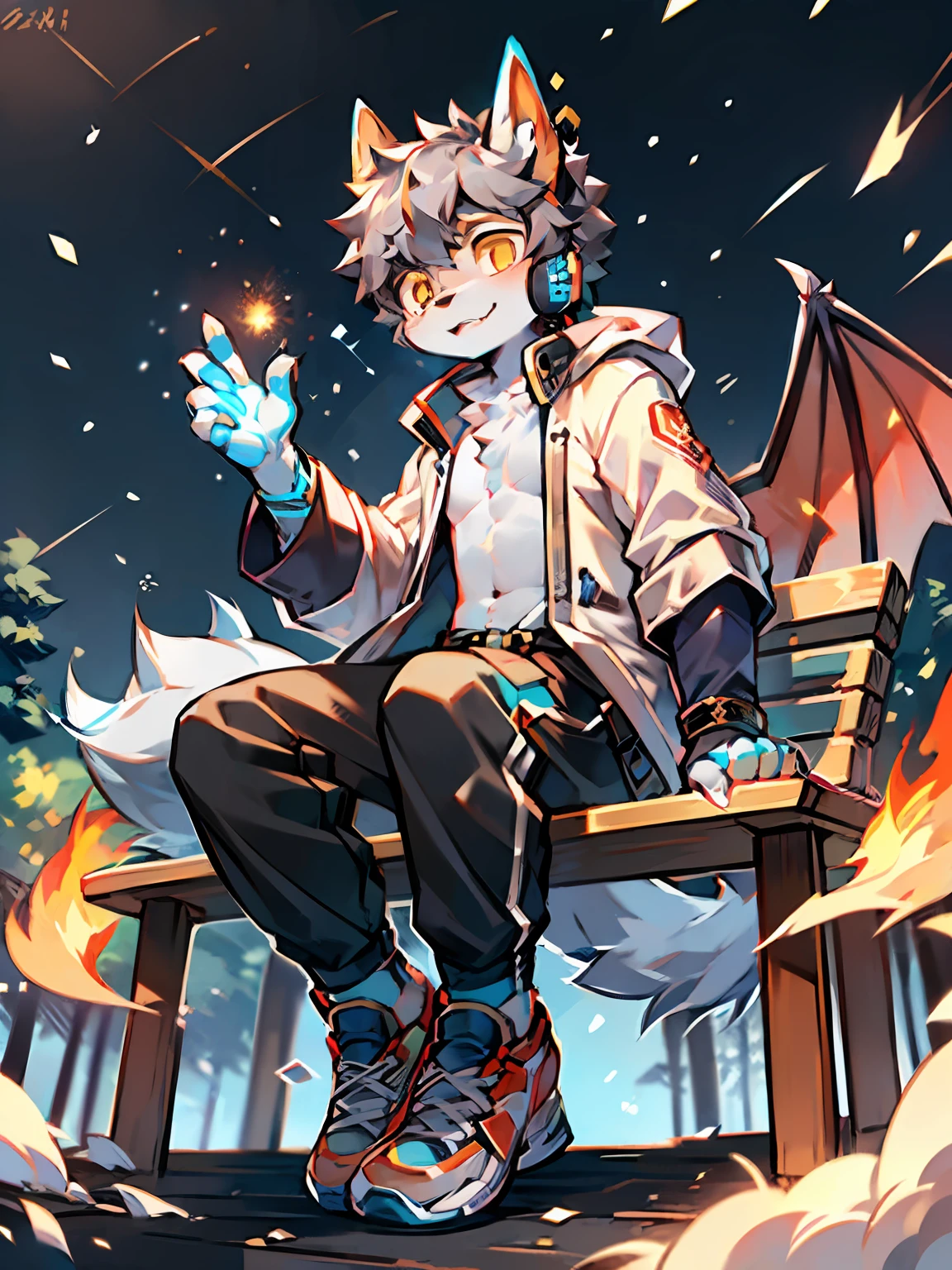 eyes with brightness, a panoramic view, Character focus ,Full body like,独奏,solo person, Correct human anatomy。male people,One blue and one yellow eye,A pair of dragon wings, Gray hair(The long),Wear white ear headphones,There is a pair on the forehead(small nipple)Blue horn fluorescence,In the park,Falling snow,Sit on a bench,Take control of the magic,open hand,Ice on your hands,Surrounded by flames,Gray breeches,down coat(Wrap tightly),sport shoes,exhilarated,waiting,fire works,Young style,Height one meter seven,Handsome, There is a wolf tail,Hi-Def,8K,1440*2048