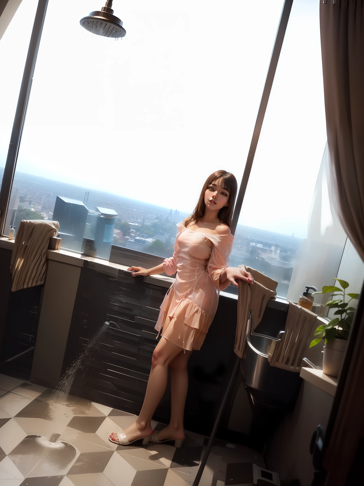 ((Top Quality, 16k, Masterpiece: 1.3)), Beautiful Women with Perfect Figure: 1.4, Big, Big, 28 Years Old, Slender Abs: 1.2, (((Long Wavy Hair)), ((Small: 1.4)), (((Kpop Idol: 1.3)), (Shower Water)), (Lingerie 1.5)), ((Bathroom)), Highly Detailed Face and Skin Texture, ((Pose))), ((Seductive)), ((Spread your legs)), ((Drenched body))
