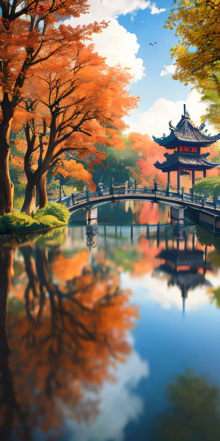 Masterpiece, best quality, high quality, extremely detailed CG unity 8k wallpaper, Chinese garden, landscape, amsterdam, autumn, outdoors, rainbow, sky, cloud, daytime, scenery, water, tree, blue sky, waterfall, nature, lake , river, cloudy sky, award winning photography, bokeh, depth of field, HDR, bloom, chromatic aberration, photorealism, very detailed, trending on artstation, trending on CGsociety, intricate, high detail, dramatic, art by midjourney