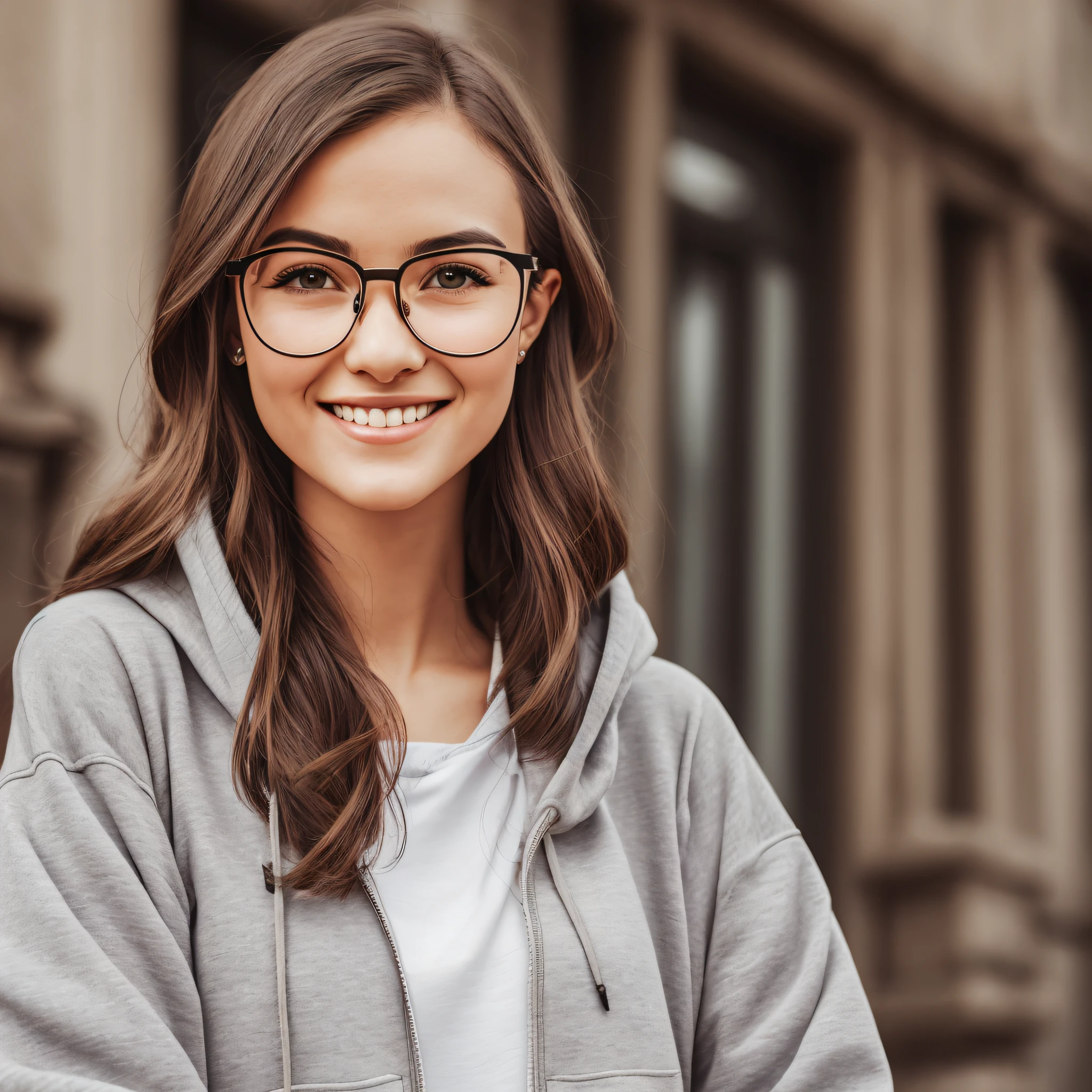 there is a woman wearing glasses and a hoodie standing in front of a building, girl wearing hoodie, Girl in aviator glasses, Girl with glasses, Surreal mature beauty, high quality portrait, Wear pilot glasses, realistic portrait photo, photo of the girl, Wears thin, large glasses, Wear pilot glasses,, Close up smile portrait photo, close - up portrait shot --auto