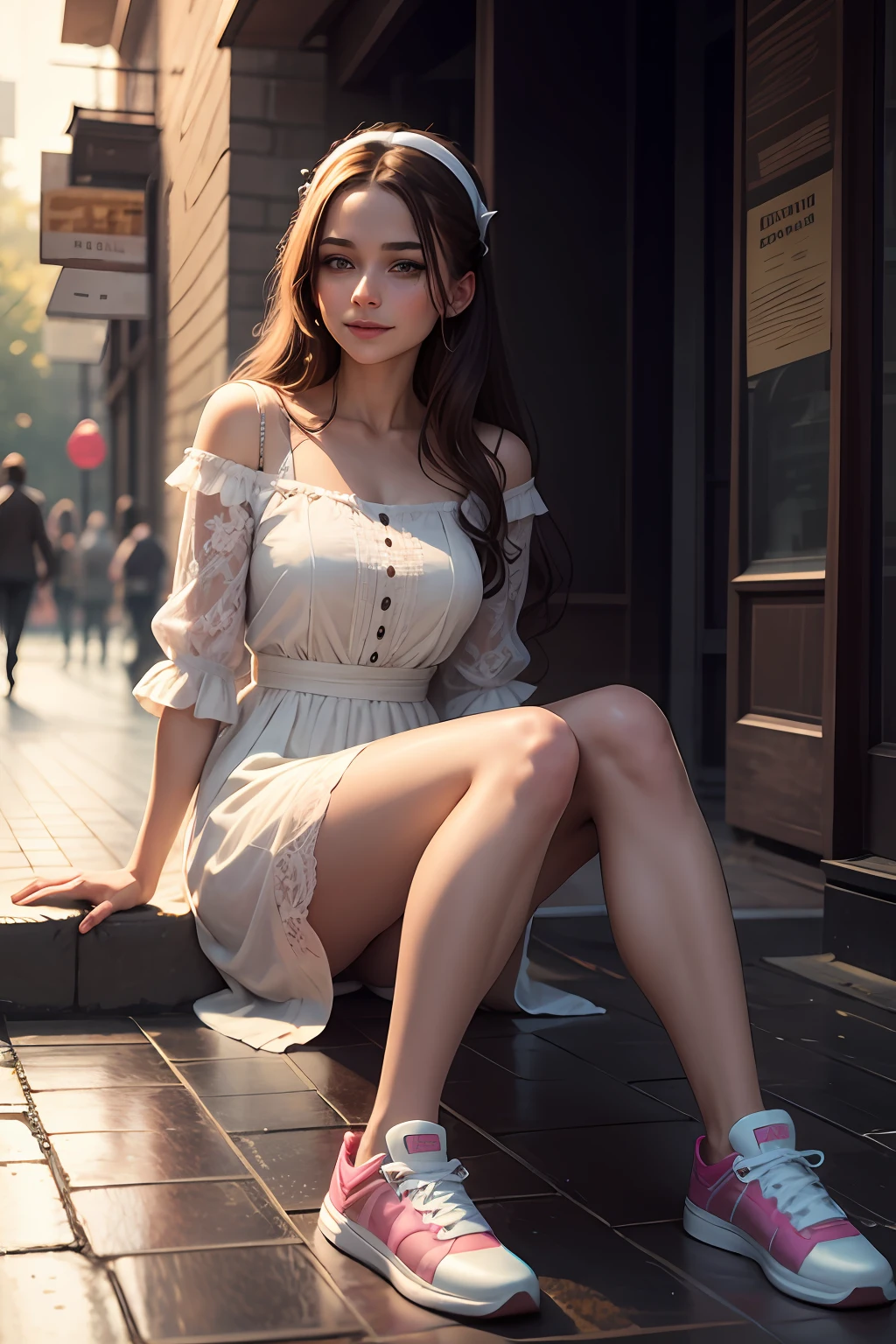 Gorgeous young Daria Taranka, with emotional eyes and wet hair, in a wet light summer dress, a Khokhloma style dress, smiling happily in pink sneakers, Sat down, on a wet bench, Paving stones in the park, Intricate details, 16k, dynamic photo, (the atmosphere of the photo in Yuri Arkurs style),, Stunning, highly-detailing, 8K, opulent, intricate complexity, Cinematic, raw, Atmospheric, (Oil painting:0.75), (headband:0.75),(teal:0.2),(Orange:0.2), (author:Jeremy Mann:0.5), (author:John Constable:0.1),(author:El El Greco:0.5),(acrylic paint:0.75), 8K