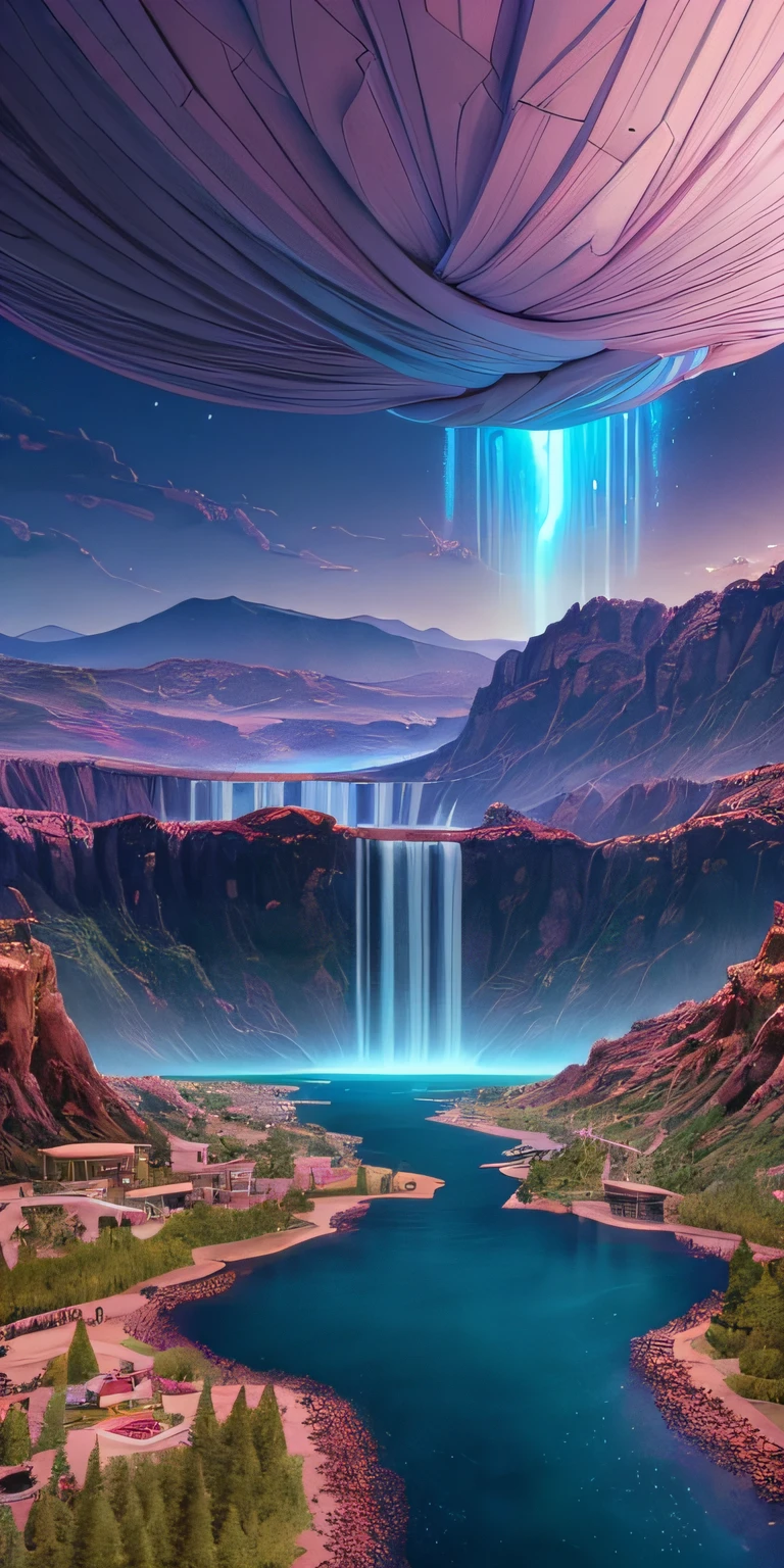 Masterpiece, best quality, high quality, extremely detailed CG unity 8k wallpaper, landscape, outdoor, sky, cloud, sky, no humans, mountain, landscape, water, tree, blue sky, waterfall, cliff, nature, lake, river , cloudy skies, award winning photography, bokeh, depth of field, HDR, bloom, chromatic aberration, photorealism, very detailed, trending on artstation, trending on CGsociety, intricate, high detail, dramatic, midjourney art