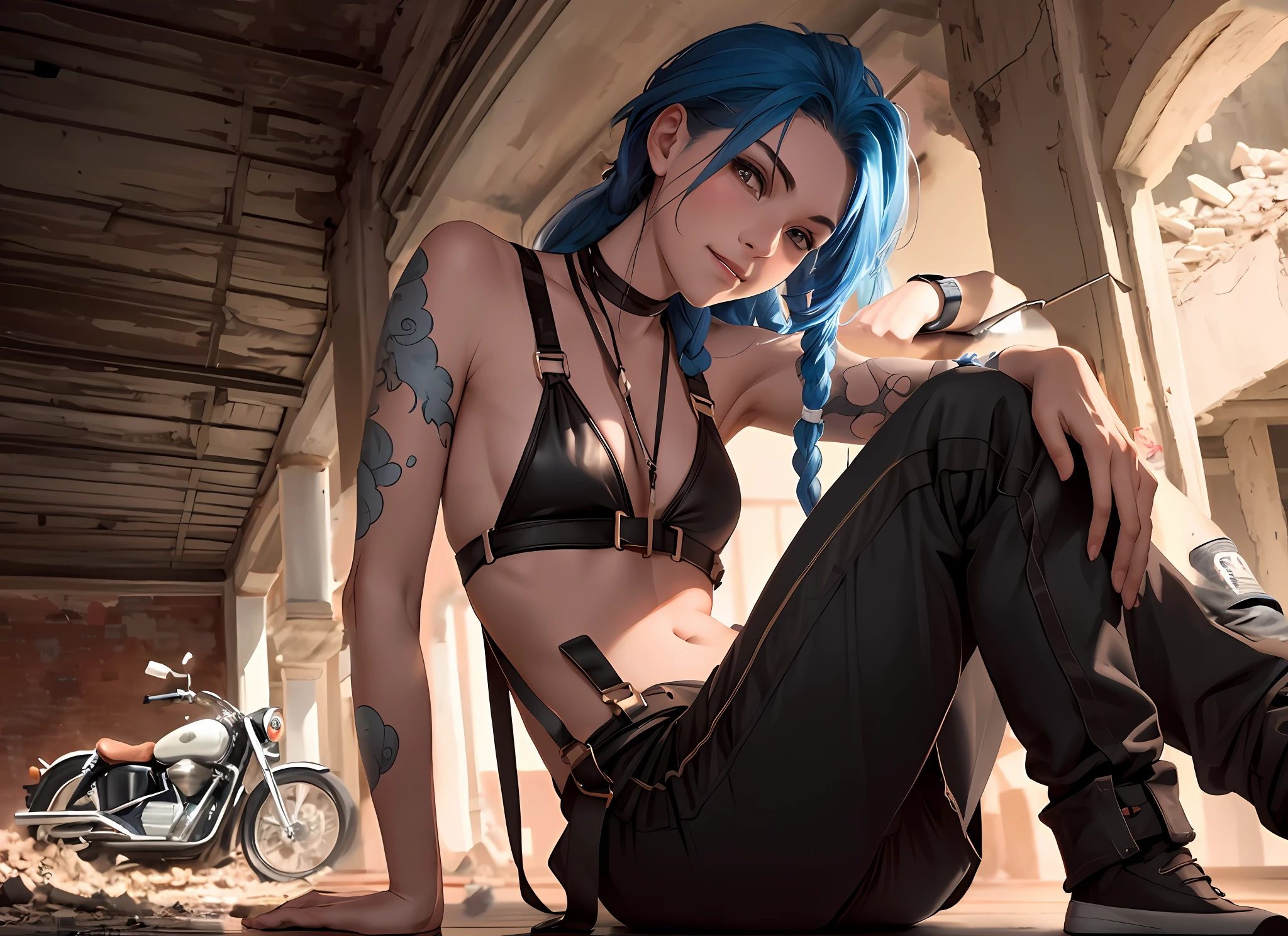 Post-war ruins and a broken motorcycle