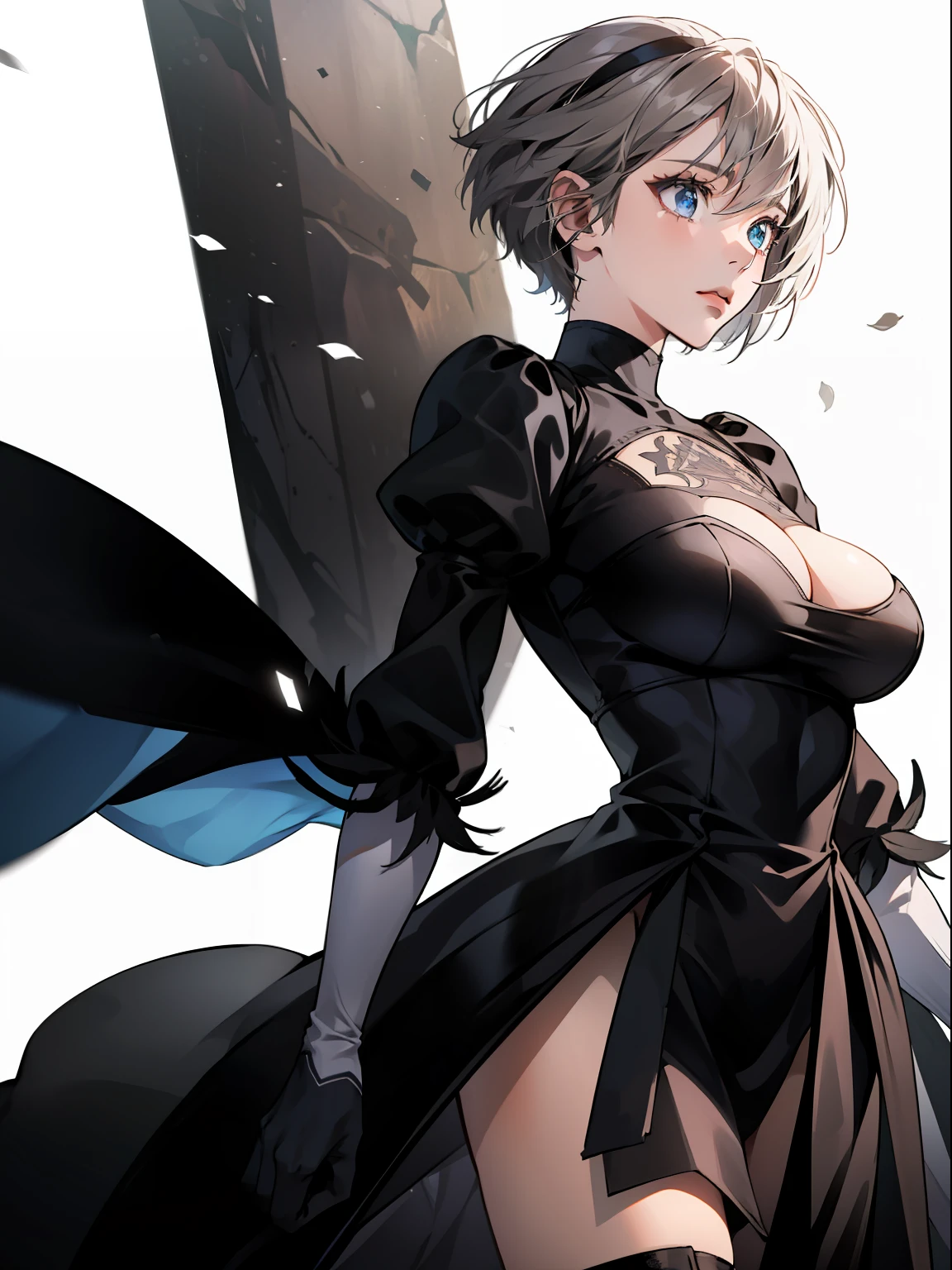 (Masterpiece:1.5), top quality, official art, super detailed, 1 Girl, 18 years old, elegant black dress, ruffled skirt, gloves, beautiful hair, bangs, gray hair, short hair, blue eyes, beautiful eyes, eye highlights, beautiful skin, fresh skin, knee high boots, cinematic lighting, big breasts, melancholy face, quiet expression, simple black catsuit, hair blowing in wind, white background, niji5, NieR, 2B