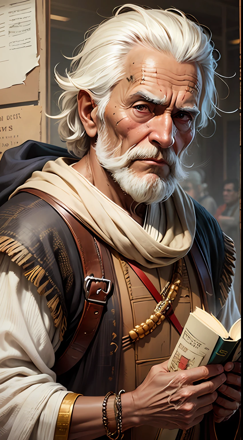 His weathered face tells of a life full of ups and downs, his tanned skin a testament to the many journeys he has taken. But despite it all, he remains a wise and real sage, dressed in traditional garb and holding a book. His gaze is fixed ahead, ever forward.