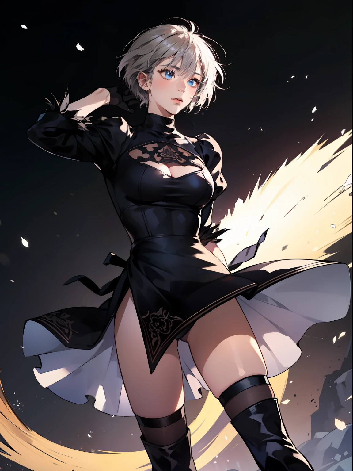 (Masterpiece:1.5), top quality, official art, super detailed, 1 Girl, 18 years old, elegant black dress, ruffled skirt, gloves, beautiful hair, bangs, gray hair, short hair, blue eyes, beautiful eyes, eye highlights, beautiful skin, fresh skin, knee high boots, cinematic lighting, big breasts, melancholy face, quiet expression, simple black catsuit, hair blowing in wind, white background, niji5, NieR, 2B