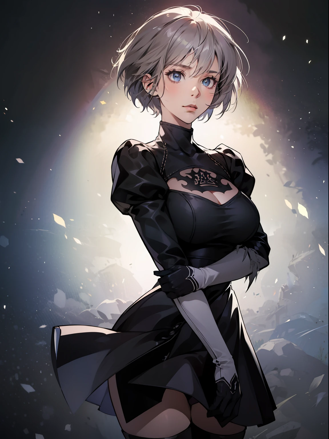 (Masterpiece:1.5), top quality, official art, super detailed, 1 Girl, 18 years old, elegant black dress, ruffled skirt, gloves, beautiful hair, bangs, gray hair, short hair, blue eyes, beautiful eyes, eye highlights, beautiful skin, fresh skin, knee high boots, cinematic lighting, big breasts, melancholy face, quiet expression, simple black catsuit, hair blowing in wind, white background, niji5, NieR, 2B