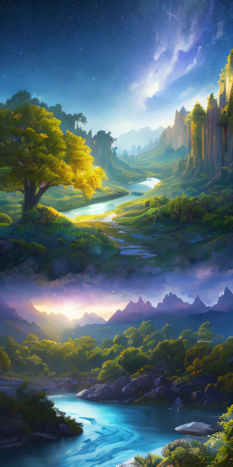 Illustration of a surreal, otherworldly, hyper sky scene including a giant crystal tree full body, highly detailed and magical lighting, intricate forest details, vegetation and surrounding river, solar punk, landscape, giant tree , beautiful green leaves, beautiful lighting and realistic proportions, as if this is a movie background, 8k, highest quality, masterpiece, clouds and stars in the sky.