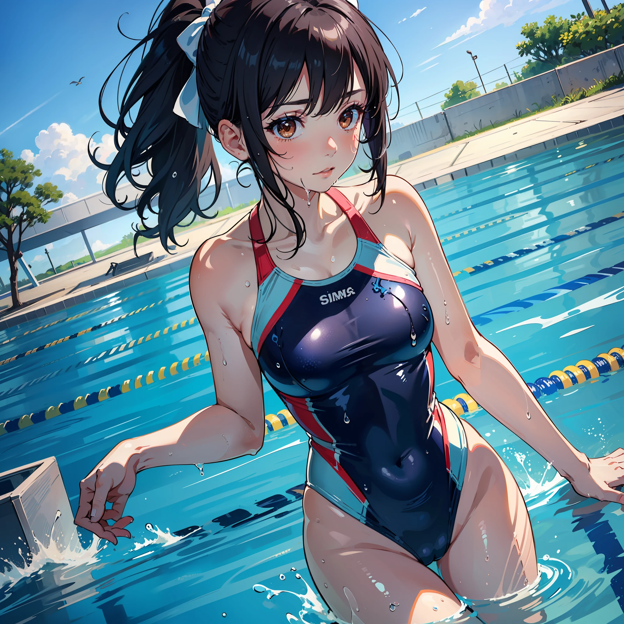 1girl, shy girl, brown eyes, black hair, blunt bungs, hair ribbon, ponytail, blue competition swimsuit, one-piece swimsuit, (small breasts), large school swimming pool, blue sky, landscape, swimming, partially submerged, partially underwater shot, wet, wet hair, wince, close-up to face