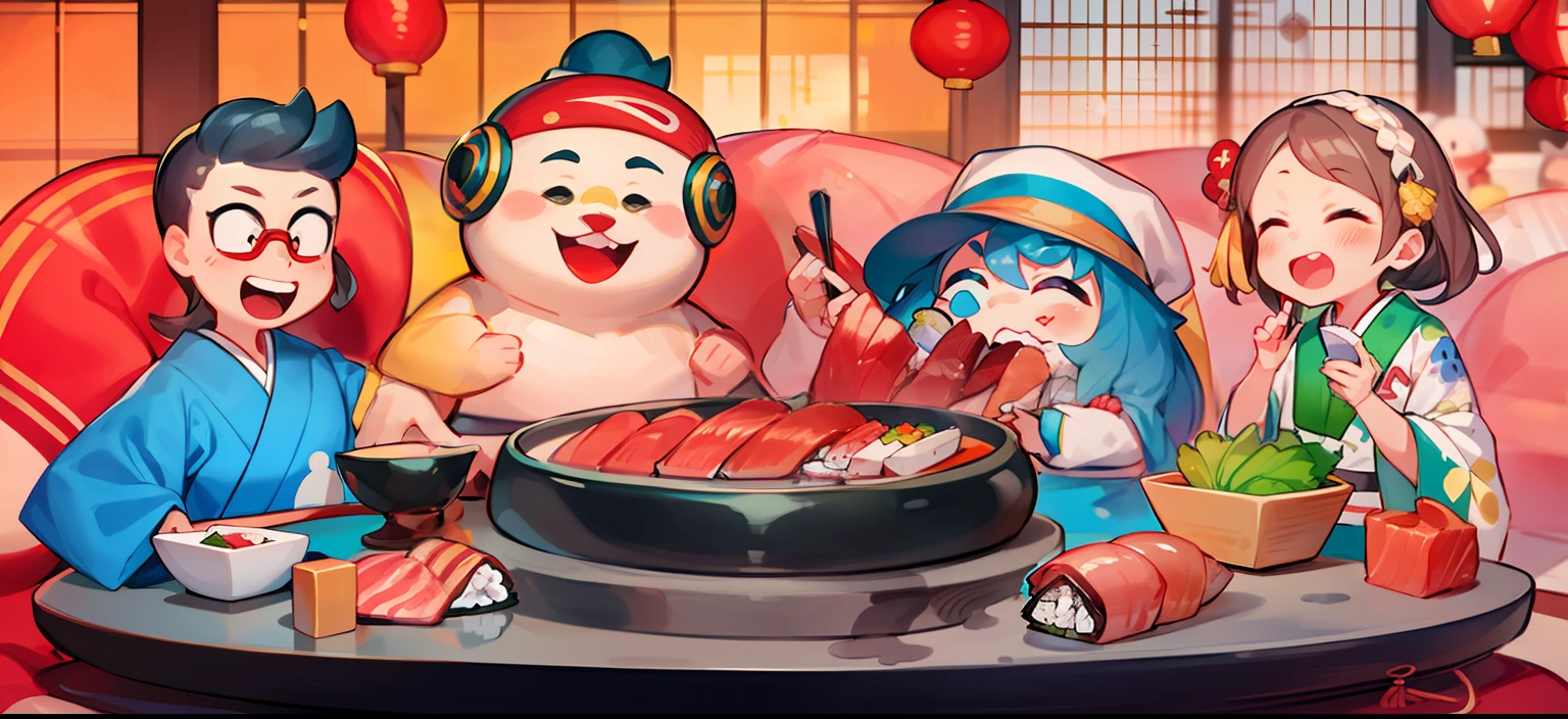 Close-up of a statue of a family eating sushi, Japanese cartoon style, sushi,sashimi,