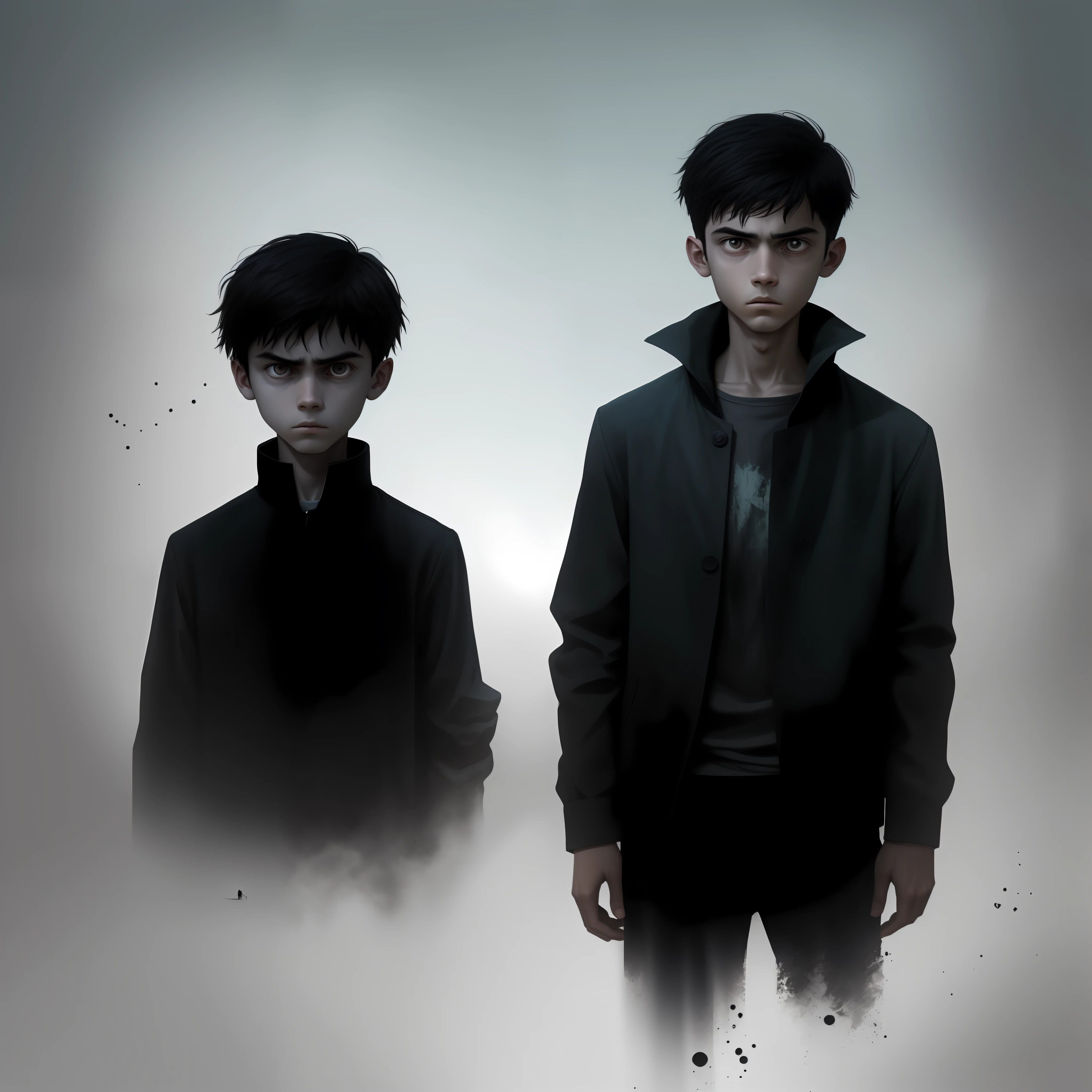 Create an image of a cool boy in a horror setting that exudes both fear and intrigue. The boy should be depicted as confident and self-assured, with an air of cool detachment that suggests he is not easily shaken. The horror setting should be dark and foreboding, with shadows and silhouettes that obscure the true nature of the danger lurking in the background. The boy should be dressed in a stylish and contemporary outfit, but with subtle elements that hint at his connection to the supernatural or otherworldly. The overall mood of the image should be one of both fear and curiosity, with the suggestion that the boy is investigating something beyond the ordinary. The desired image quality should be high resolution, with a focus on the boy's facial expression and body language, as well as the eerie and unsettling atmosphere of the horror setting. The composition should be carefully balanced to create a sense of tension and anticipation, drawing the viewer deeper into the mystery and horror of the scene.