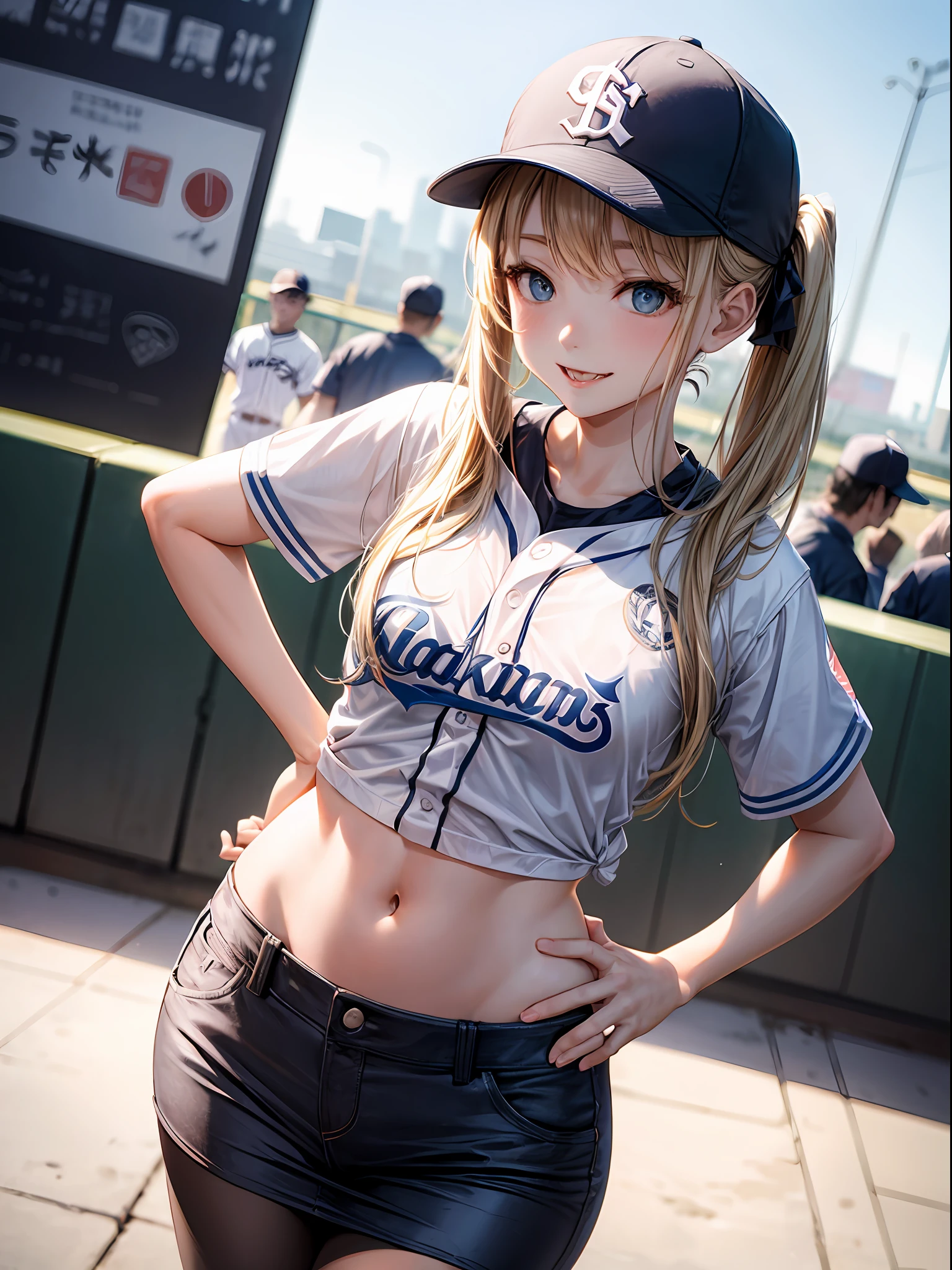 beste-Qualit、One girl、a blond、poneyTail:1.3、Baseball Cap、Blue eyes、a small face、a smile、巨乳:1.5,Constriction、Put your hands on your hips、Baseball Uniforms:1.5、open chest:1.3,Navel、Black miniskirt、Dressing up to bite:1.2、View here、Angle from diagonally above、nights、No people、Mileland、Background blur