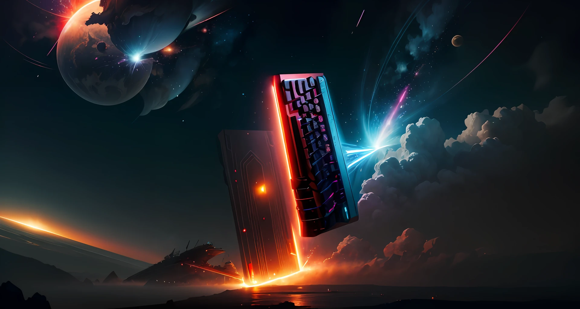 mechanical keyboard，cool tint，Cinematic effects，Dynamic photography, Time-lapse photography，Fuji, Long exposure，Star battleship in sci-fi style，Fly in the sky as starships fight，Flying missiles，The tail erupts with blue flames，atmosphere lights，The background is a surreal sci-fi city，Red particle effect，Particle light，Beautiful，8K,Top paintings，concept-art，Epic composition，with high definition details, Metallic texture and tension composition,Hyper-realistic，Ultra photo realsisim，with rich details，3D