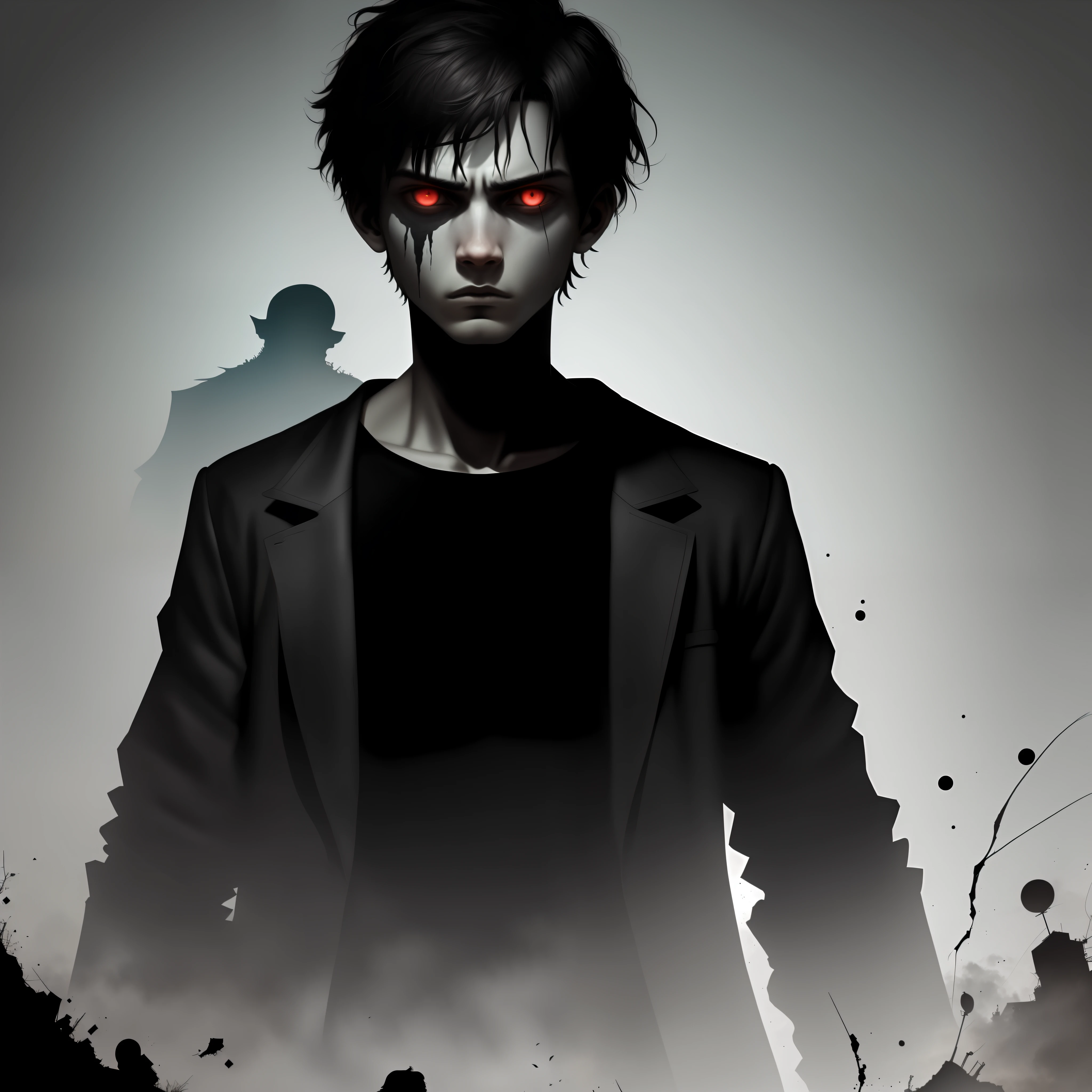 Create an image of a cool boy in a horror setting that exudes both fear and intrigue. The boy should be depicted as confident and self-assured, with an air of cool detachment that suggests he is not easily shaken. The horror setting should be dark and foreboding, with shadows and silhouettes that obscure the true nature of the danger lurking in the background. The boy should be dressed in a stylish and contemporary outfit, but with subtle elements that hint at his connection to the supernatural or otherworldly. The overall mood of the image should be one of both fear and curiosity, with the suggestion that the boy is investigating something beyond the ordinary. The desired image quality should be high resolution, with a focus on the boy's facial expression and body language, as well as the eerie and unsettling atmosphere of the horror setting. The composition should be carefully balanced to create a sense of tension and anticipation, drawing the viewer deeper into the mystery and horror of the scene.