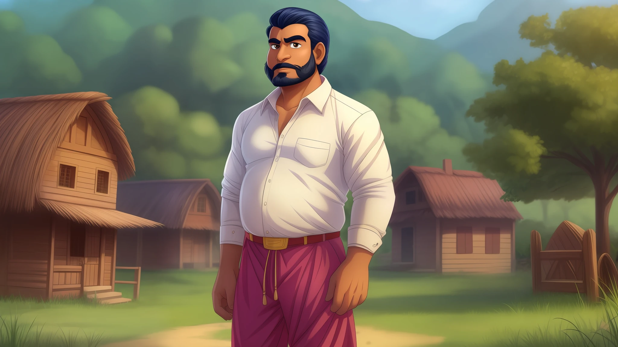 A indian man in a with shirt and pant village in cartoon