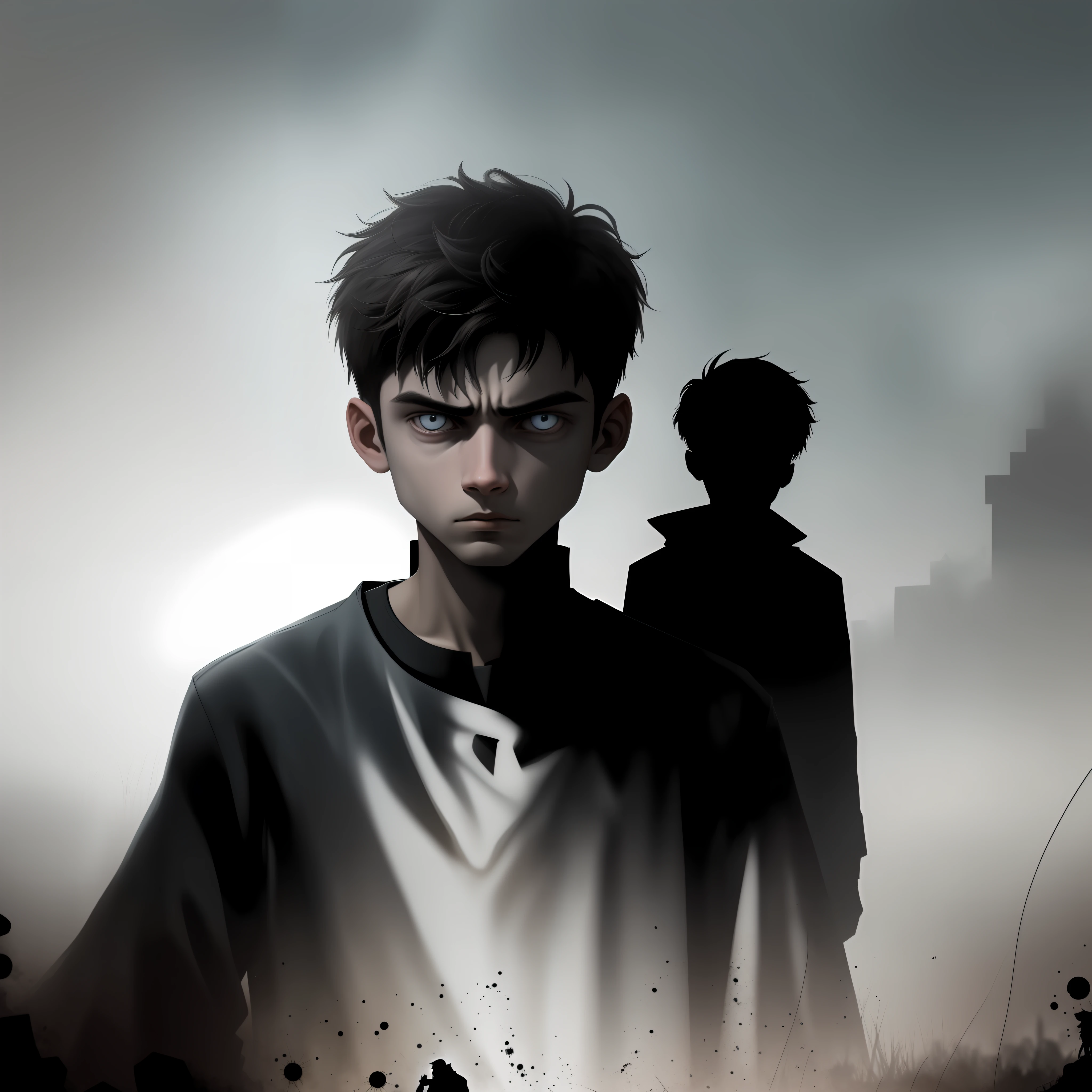 Create an image of a cool boy in a horror setting that exudes both fear and intrigue. The boy should be depicted as confident and self-assured, with an air of cool detachment that suggests he is not easily shaken. The horror setting should be dark and foreboding, with shadows and silhouettes that obscure the true nature of the danger lurking in the background. The boy should be dressed in a stylish and contemporary outfit, but with subtle elements that hint at his connection to the supernatural or otherworldly. The overall mood of the image should be one of both fear and curiosity, with the suggestion that the boy is investigating something beyond the ordinary. The desired image quality should be high resolution, with a focus on the boy's facial expression and body language, as well as the eerie and unsettling atmosphere of the horror setting. The composition should be carefully balanced to create a sense of tension and anticipation, drawing the viewer deeper into the mystery and horror of the scene.