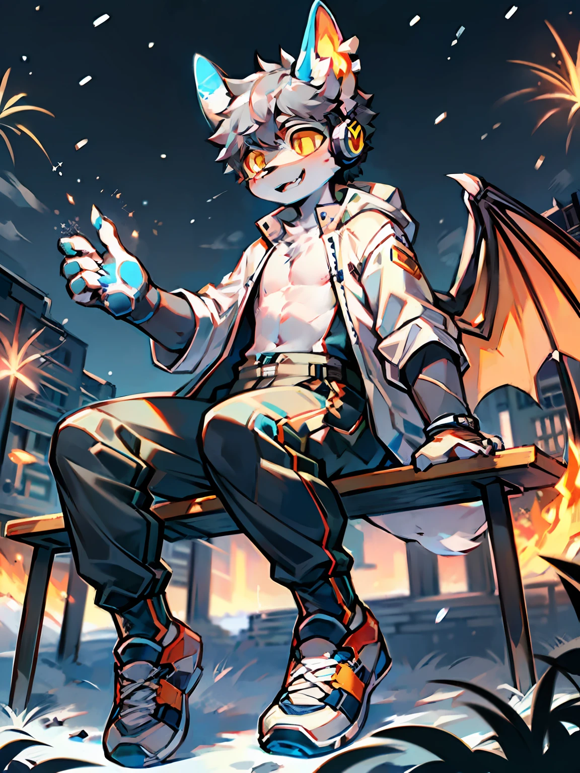 eyes with brightness, a panoramic view, Character focus ，Full body like，独奏,solo person， Correct human anatomy。male people，One blue and one yellow eye，A pair of dragon wings, Gray hair(The long），Wear white ear headphones，There is a pair on the forehead（small nipple）Blue horn fluorescence，In the park，Falling snow，Sit on a bench，Take control of the magic，open hand，Ice on your hands，Surrounded by flames，Gray breeches，down coat（Wrap tightly），sport shoes，exhilarated，waiting，fire works，Young style，Height one meter seven，Handsome， There is a wolf tail，Hi-Def，8K，1440*2048