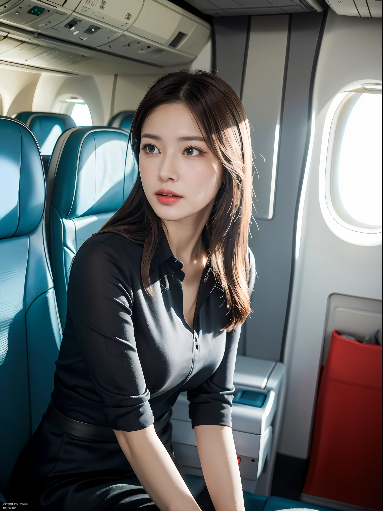 best quality, masterpiece, 8k, ultra high res, (photorealistic:1.4), highly detailed, intricate detail, delicate and beautiful, good lighting, professional lighting, sharp focus, detailed shadows, exquisite details and textures, depth of field, unity 8k wallpaper, cinematic composition, cinematic lighting, official art, Cabin Crew, flight attendant, black pantyhose, (aircraft, (Aircraft Corridor), Aircraft seats) beautiful elegant face, detailed face, detailed eyes, realistic hair, long hair, (1girl), (standing:1.3),