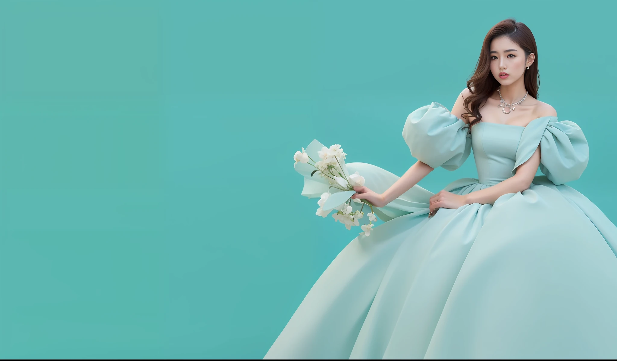 An Asian beauty with a noble temperament, Facial details are exquisite，Dressed in Tiffany clothes, Tiffany blue pure photography background, Photo elegant digital art, tiffany style，Texture，the detail， High-quality posters