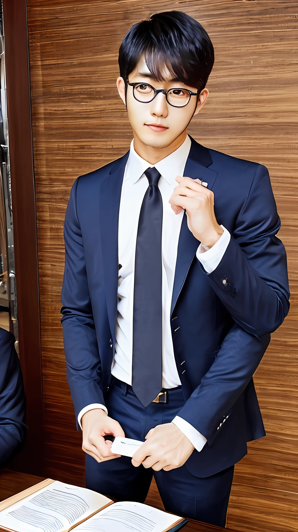 Korean men，Short Hair Hair，Handsome，Business suit，Hold the cheeks，book，pens， Gold wire glasses，High-rise night view