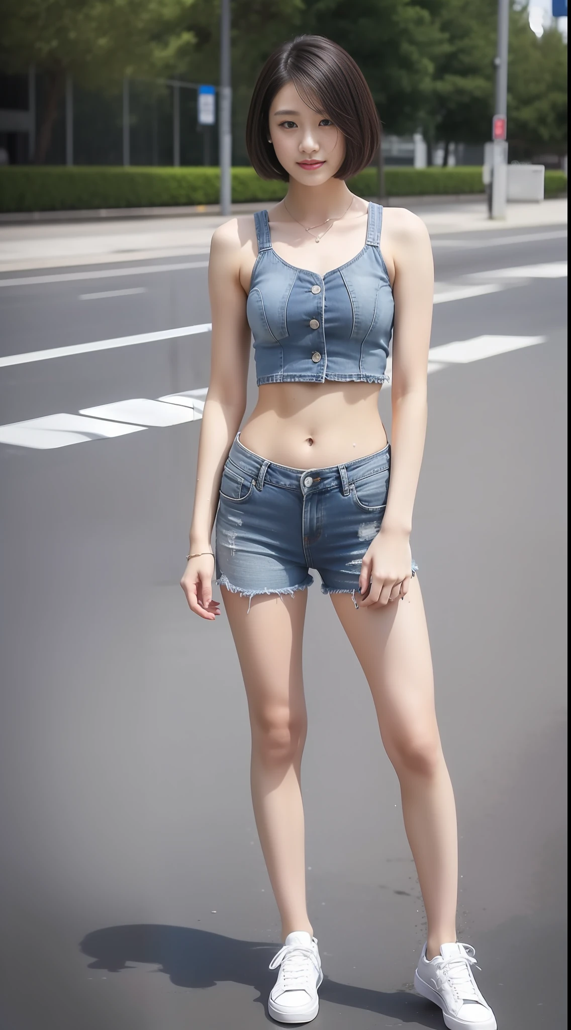 ((beste-Qualit、巨作:1.3))、1Women、18 years-old、college student、sharp foc:1.2、A beautiful woman with perfect body:1.4、Detailed and very beautiful face、Sports Tank Top、short-hair、Wet Body:1.1、body complet、Denim Short、sneakers、Above the knee、The chest is bigger、Jump high、Twisting the body
