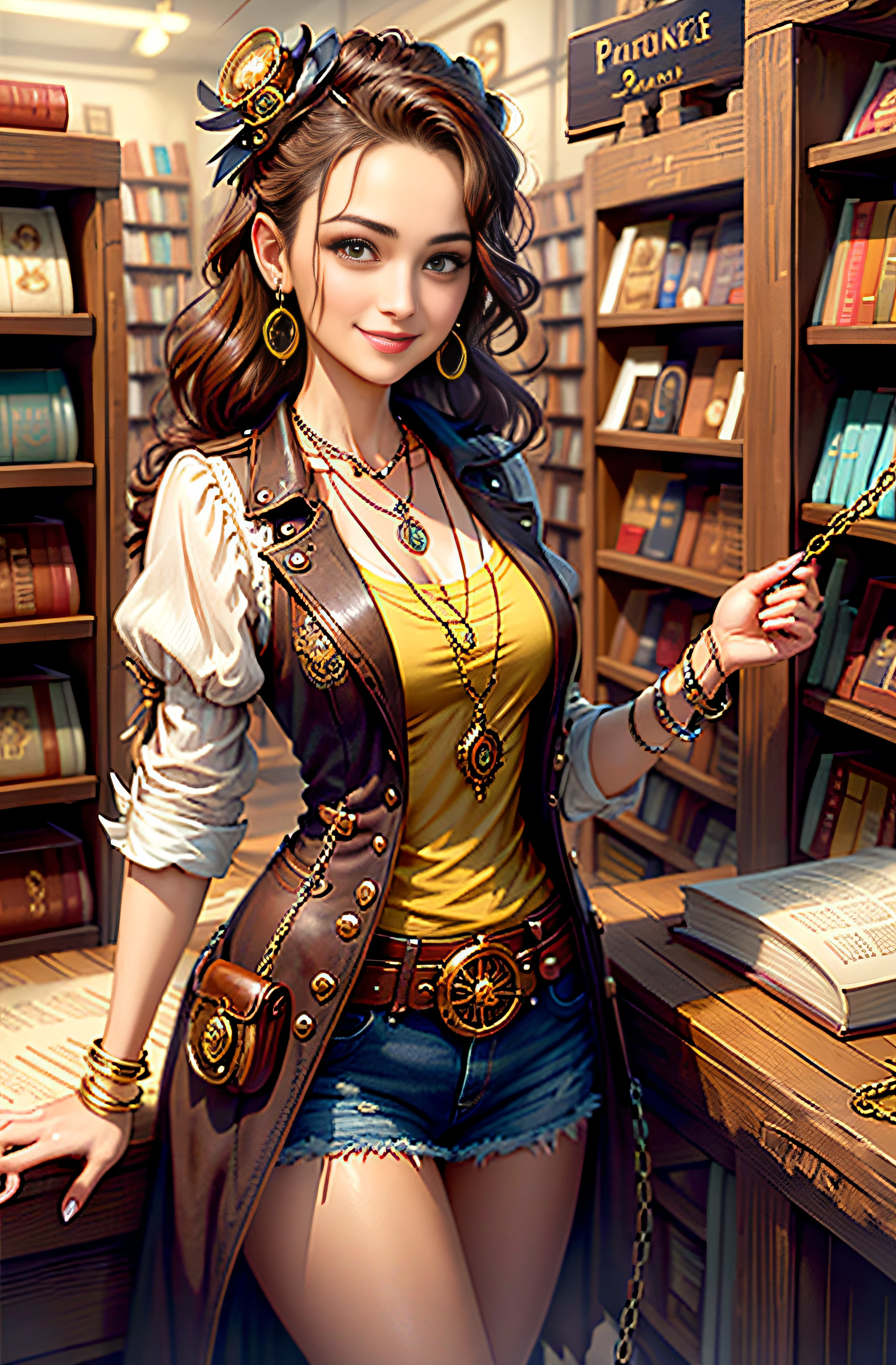 Steampunk, steampunk, smiling woman in a small bookstore, necklaces, earrings, bracelets, chains, shirts, vests, belts