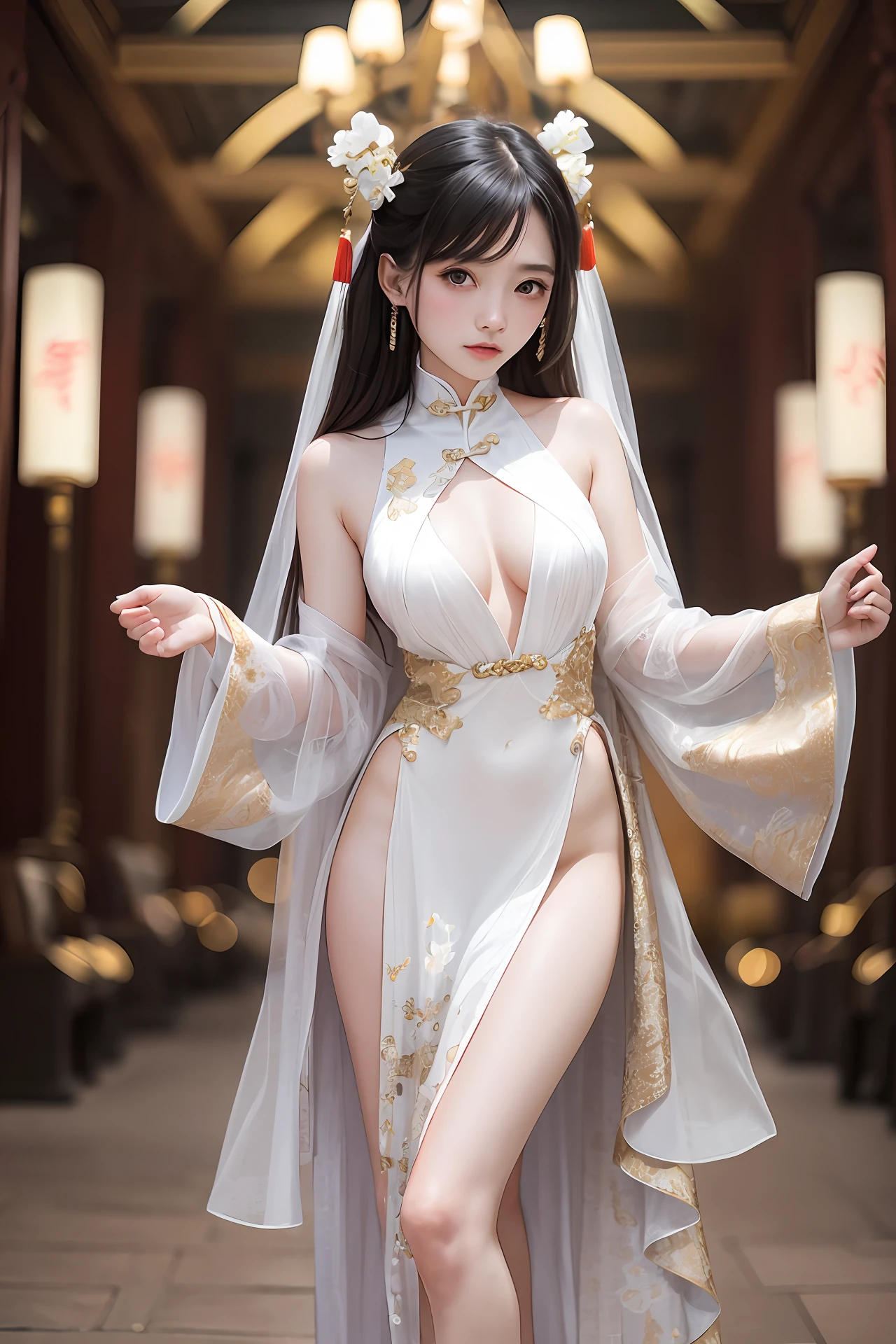 origami Chinese dress, full body photo of young lady in a sheer(((paper)))((loose))hanfu, (pale skin:1.377), material((Chinese paper)), (translucent), (sexy), 8k uhd, dslr, soft lighting, high quality, film grain, Fujifilm XT3