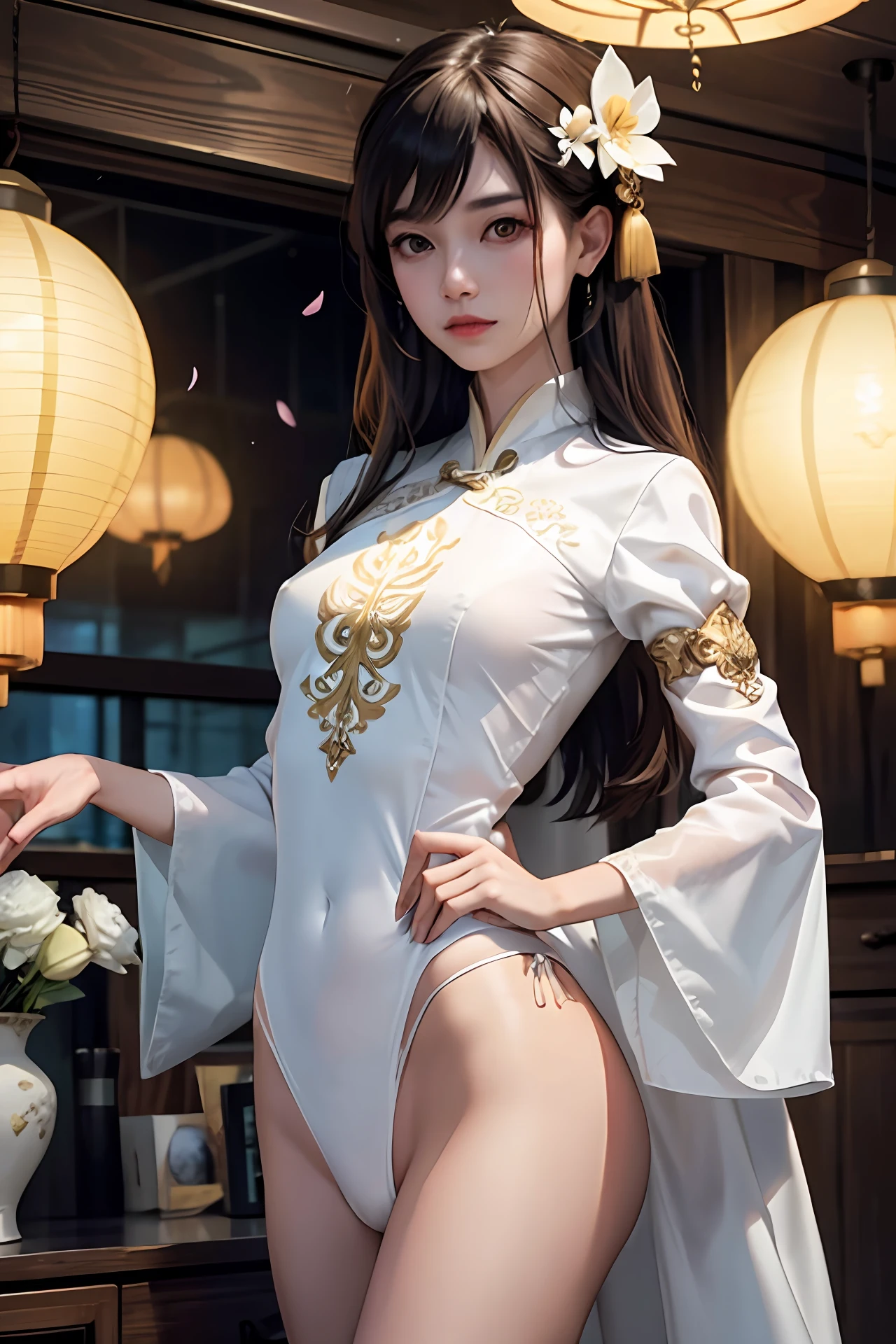 origami Chinese dress, full body photo of young lady in a sheer(((paper)))((loose))hanfu, (pale skin:1.377), material((Chinese paper)), (translucent), (sexy), 8k uhd, dslr, soft lighting, high quality, film grain, Fujifilm XT3
