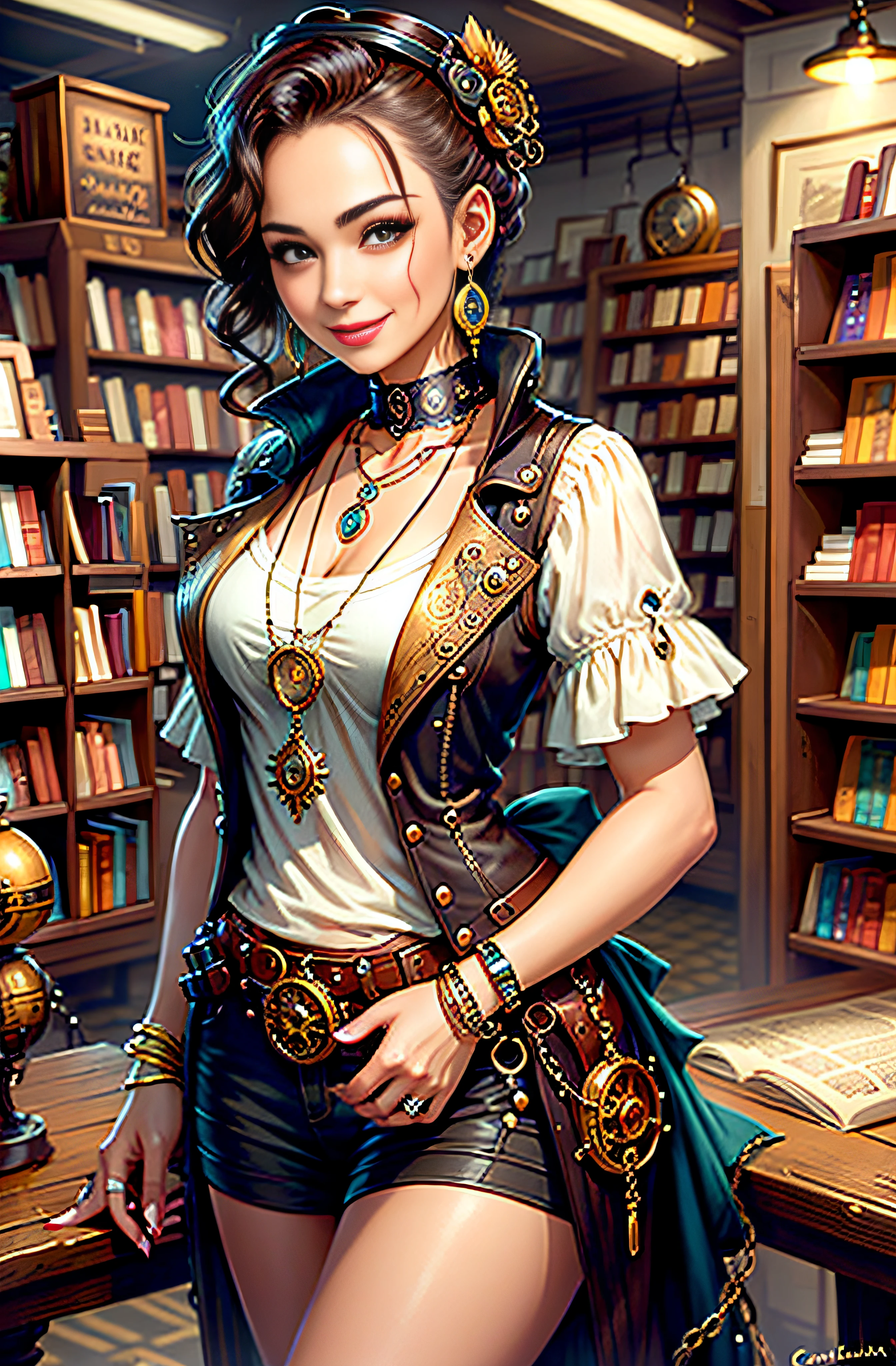 Steampunk, steampunk, smiling woman in a small bookstore, necklaces, earrings, bracelets, chains, shirts, vests, belts