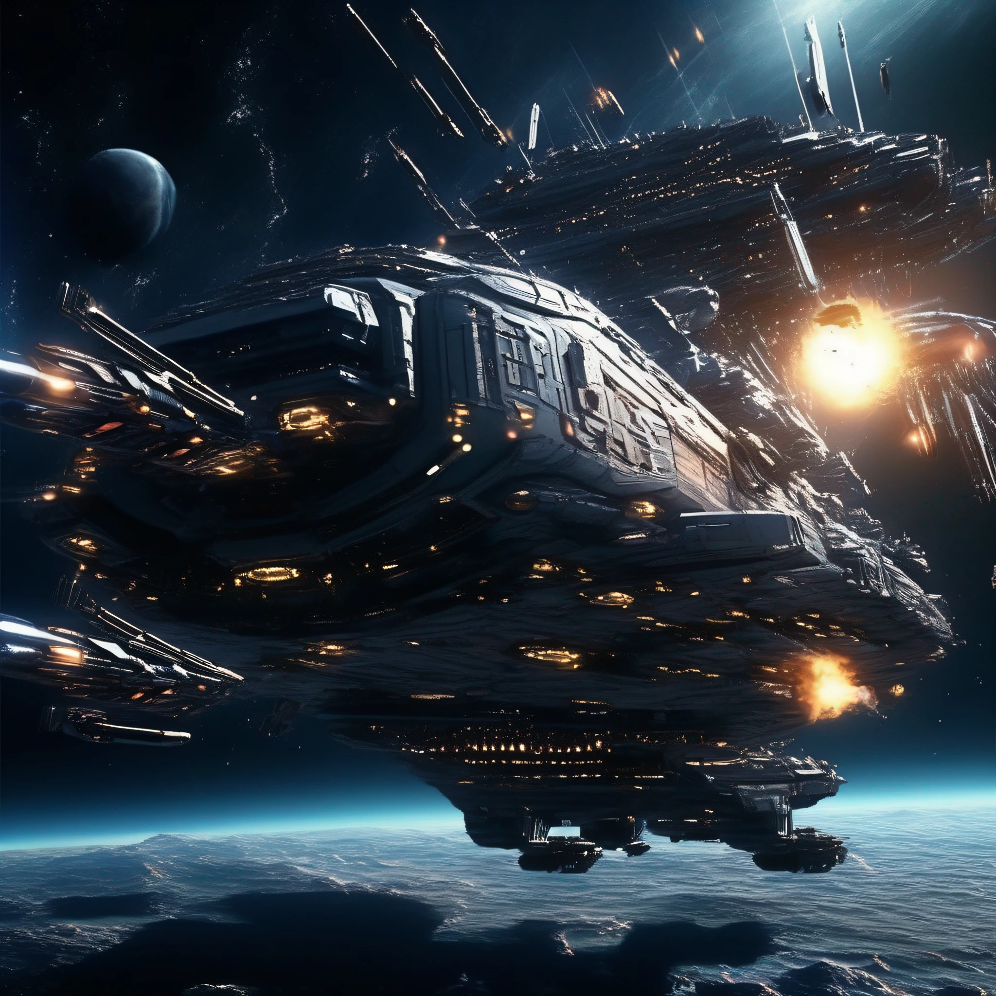 Space battleship、sci-fi movie、A futuristic world、Science fiction universe space、Bank Starfield、Saturn ring、Tech shines、Light energy magnetic levitation、Quantum collision、Time travel、ultra high def、hyper-detailing，Deep view、Lagrange，Shoot down and destroy enemy warships，exploding，ambiance，Planetary halos